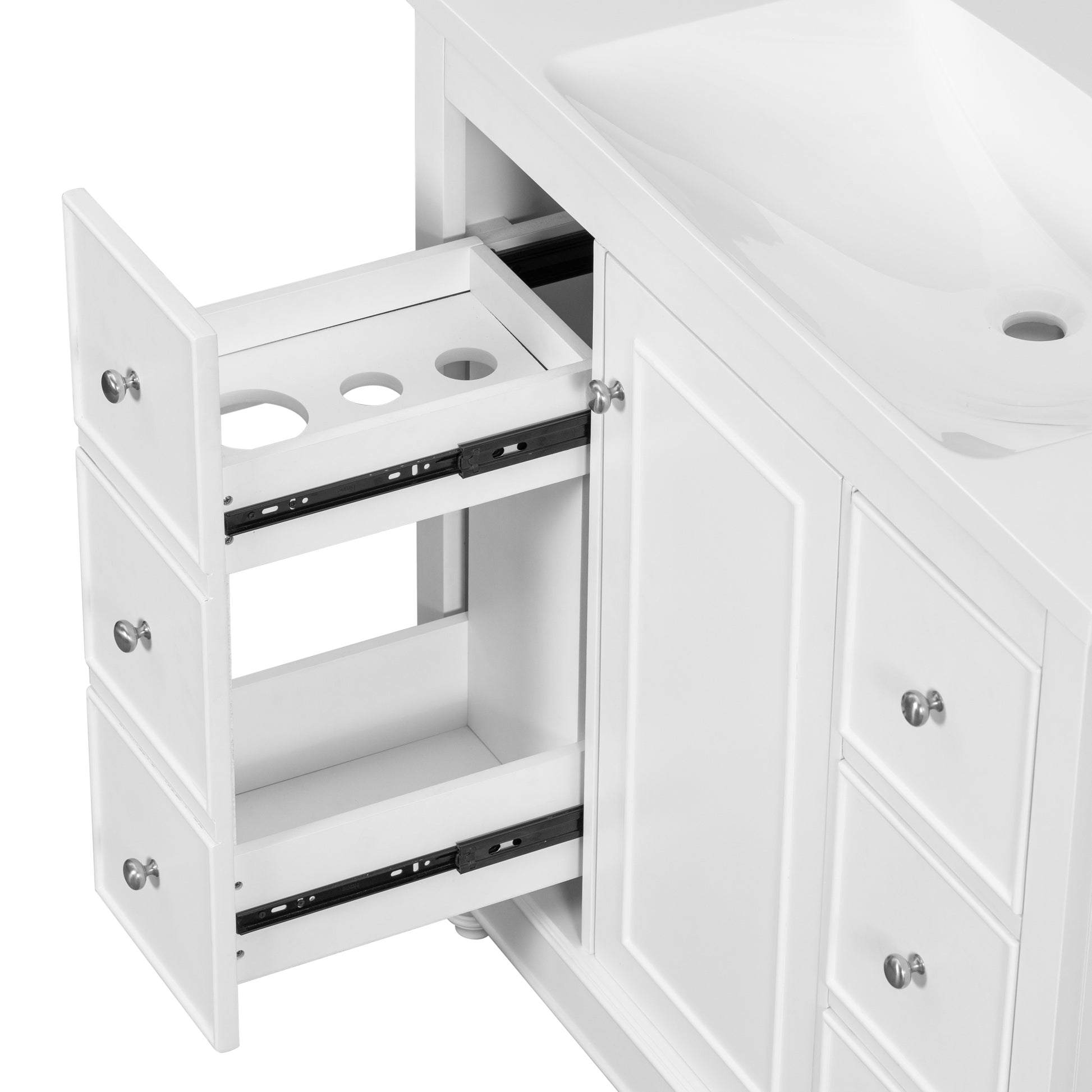 Contemporary White Bathroom Vanity Cabinet 36X18X34 Inches, 4 Drawers & 1 Cabinet Door, Multipurpose Storage, Resin Integrated Sink, Adjustable Shelves, Solid Wood Frame With Mdf White Modern Solid