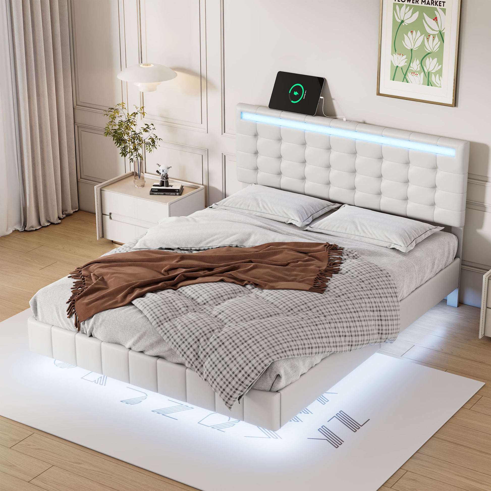 Full Size Floating Bed Frame With Led Lights And Usb Charging,Modern Upholstered Platform Led Bed Frame,White Full White Pu