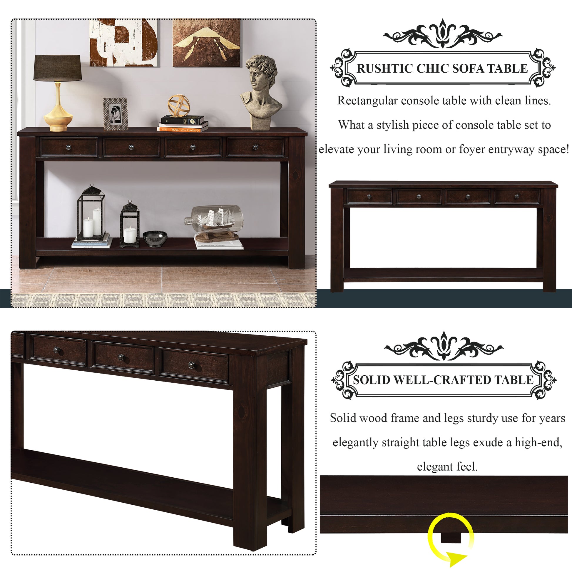63" Pine Wood Console Table With 4 Drawers And 1 Bottom Shelf For Entryway Hallway Easy Assembly 63 Inch Long Sofa Table Light Espresso Light Espresso Pine