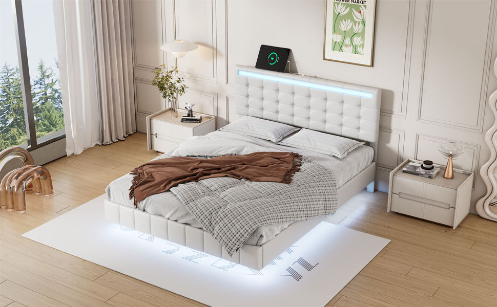 Full Size Floating Bed Frame With Led Lights And Usb Charging,Modern Upholstered Platform Led Bed Frame,White Full White Pu