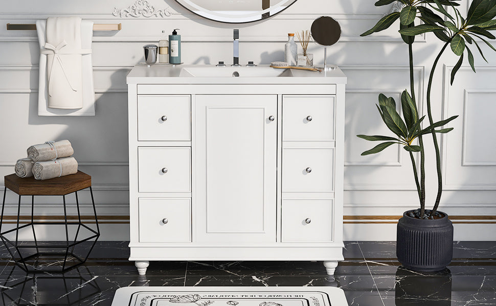 Contemporary White Bathroom Vanity Cabinet 36X18X34 Inches, 4 Drawers & 1 Cabinet Door, Multipurpose Storage, Resin Integrated Sink, Adjustable Shelves, Solid Wood Frame With Mdf White Modern Solid