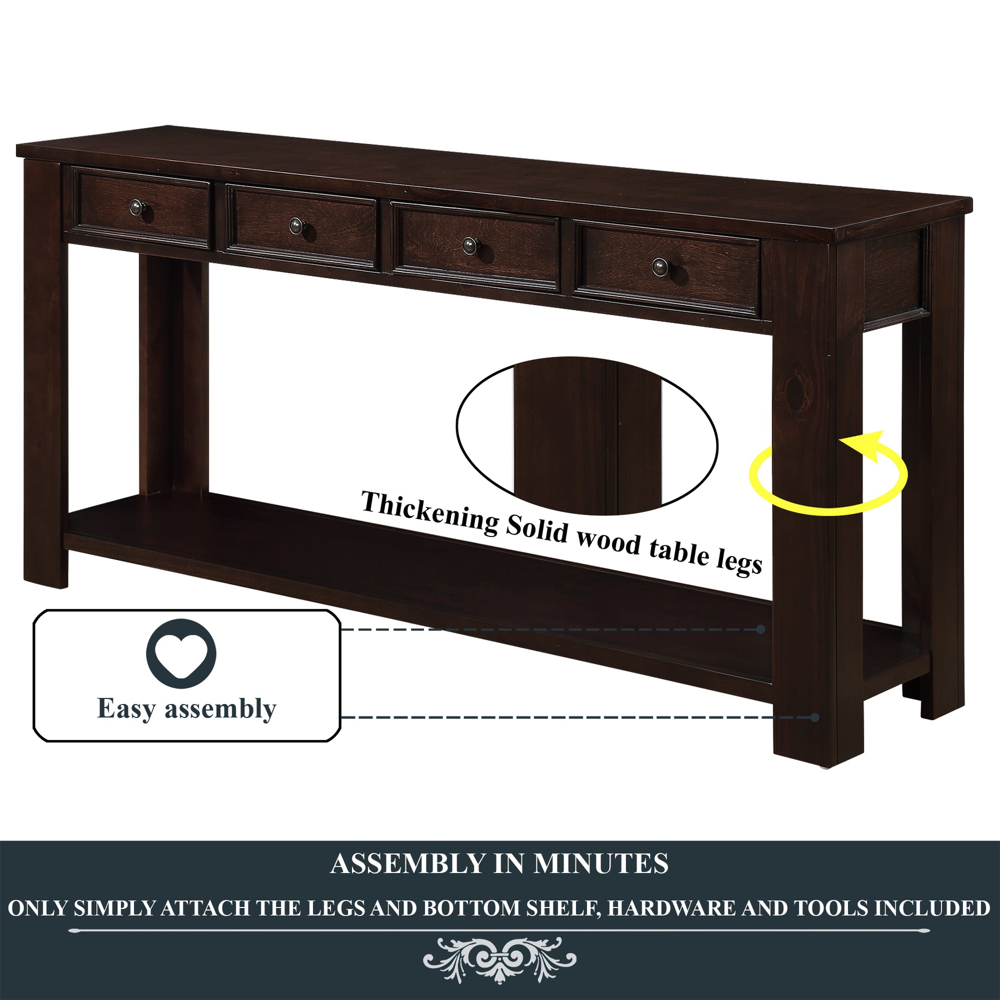 63" Pine Wood Console Table With 4 Drawers And 1 Bottom Shelf For Entryway Hallway Easy Assembly 63 Inch Long Sofa Table Light Espresso Light Espresso Pine