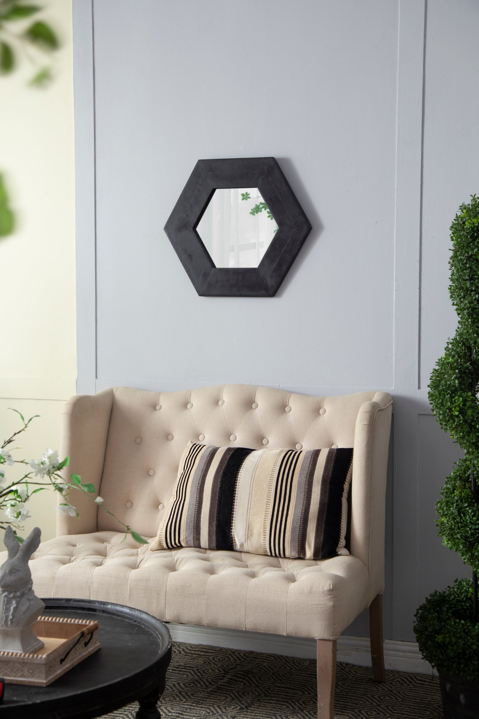 18.5" X 18.5" Hexagon Mirror With Solid Wood Frame, Wall Decor For Living Room Bathroom Hallway, Black Black Wood Glass