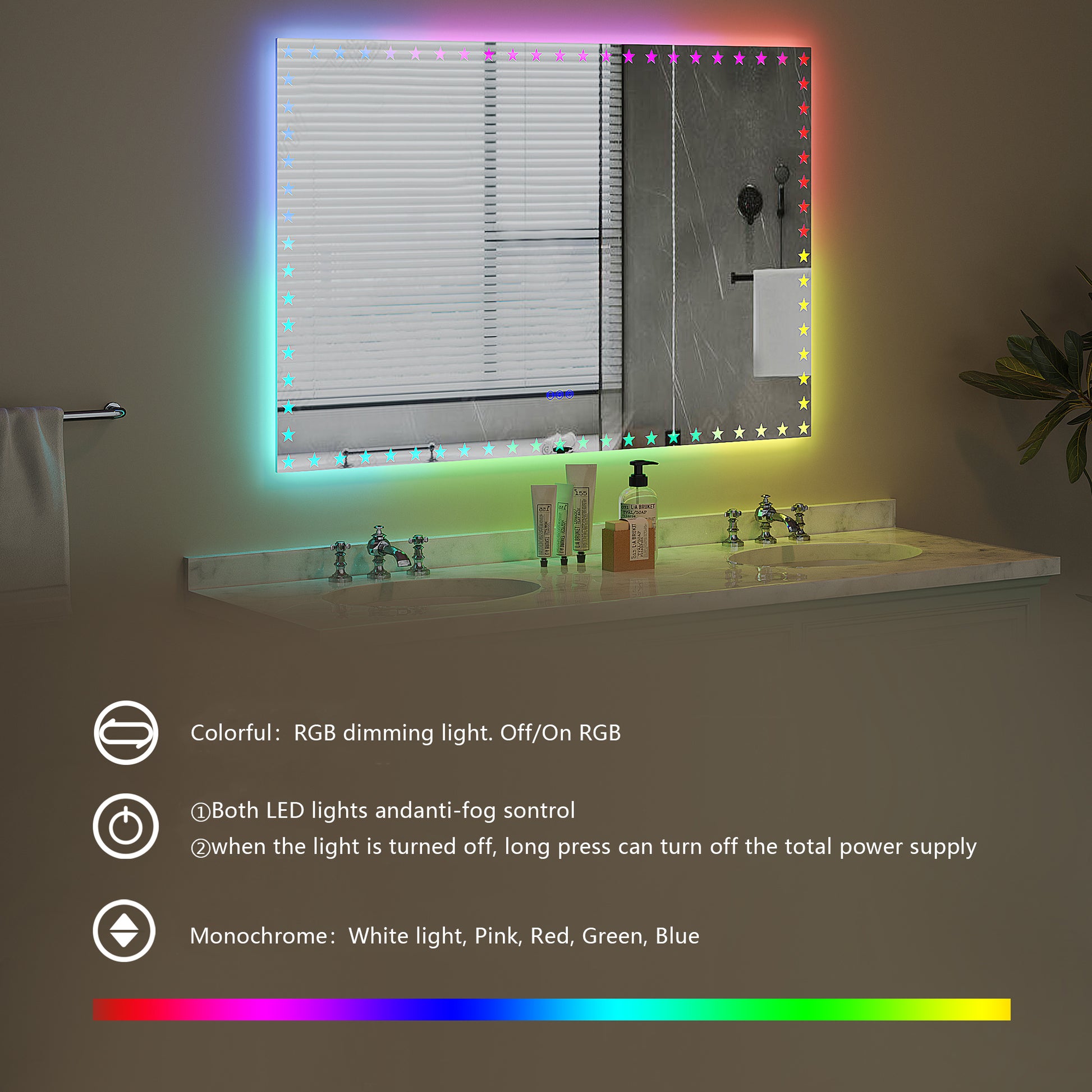 55X36 Inch Led Bathroom Mirror With Lights Backlit Rgb Color Changing Lighted Mirror For Bathroom Wall Dimmable Anti Fog Memory Rectangular Vanity Mirror Rgb Multicolor Backlit Front Lighted White Aluminium