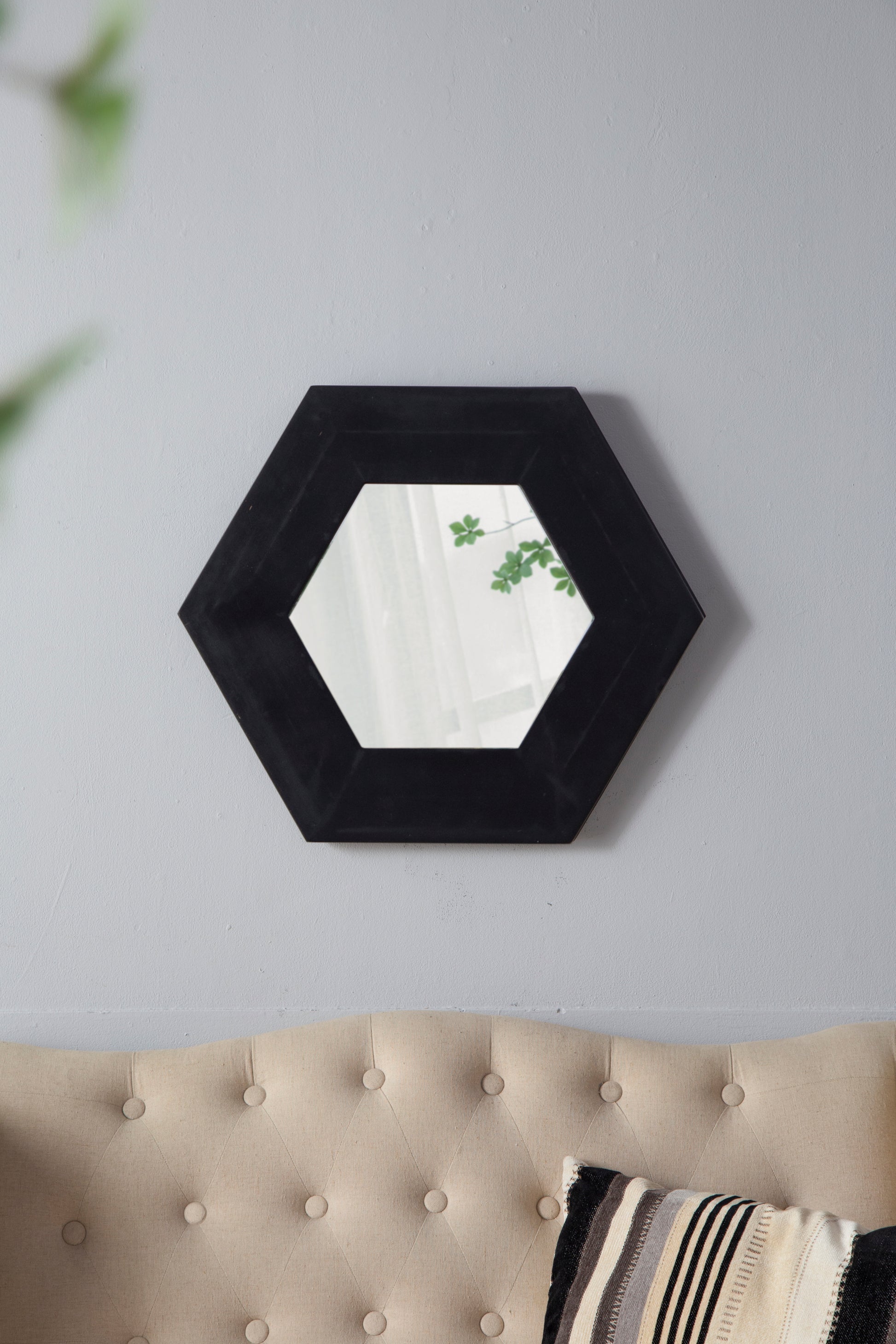 18.5" X 18.5" Hexagon Mirror With Solid Wood Frame, Wall Decor For Living Room Bathroom Hallway, Black Black Wood Glass