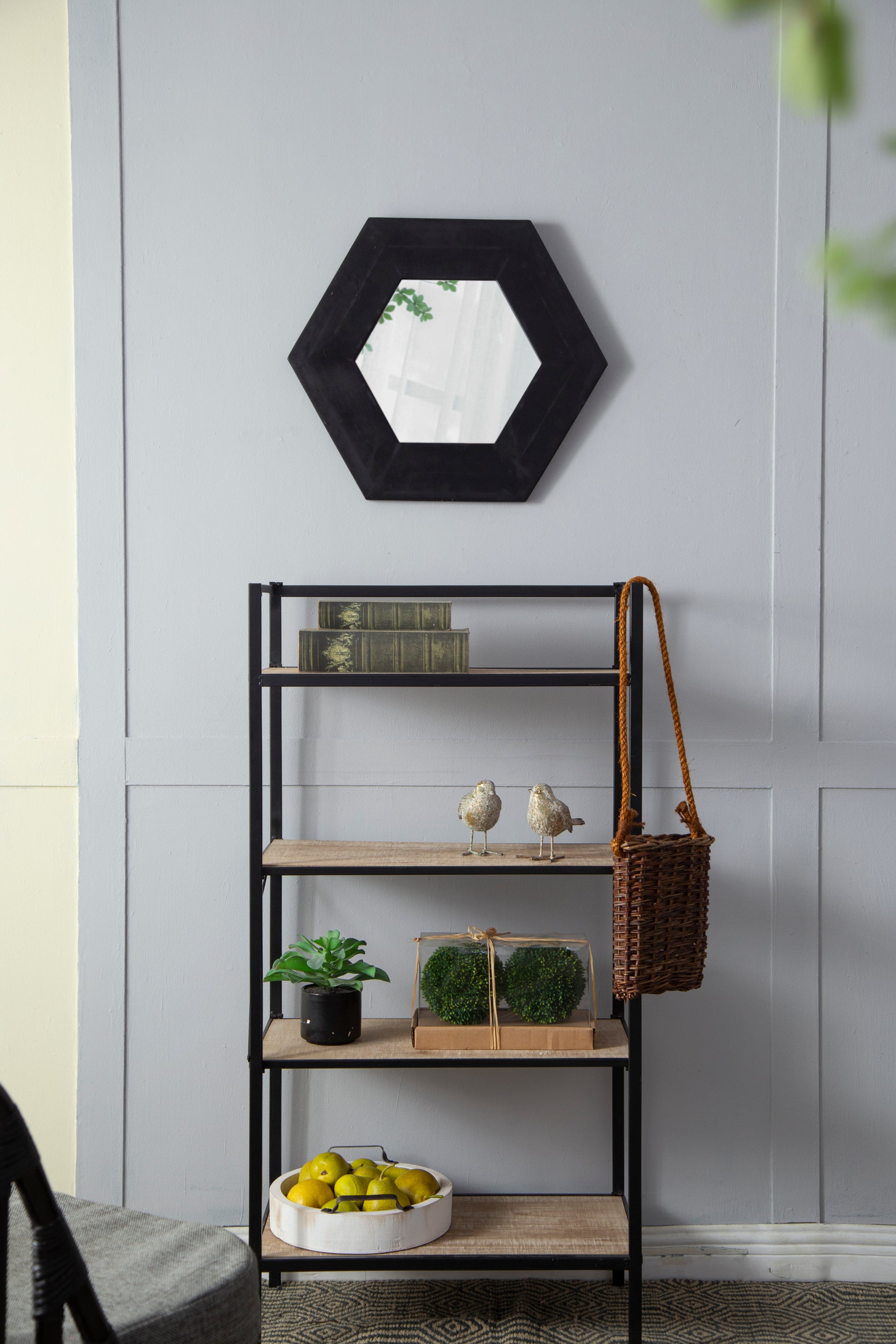 18.5" X 18.5" Hexagon Mirror With Solid Wood Frame, Wall Decor For Living Room Bathroom Hallway, Black Black Wood Glass