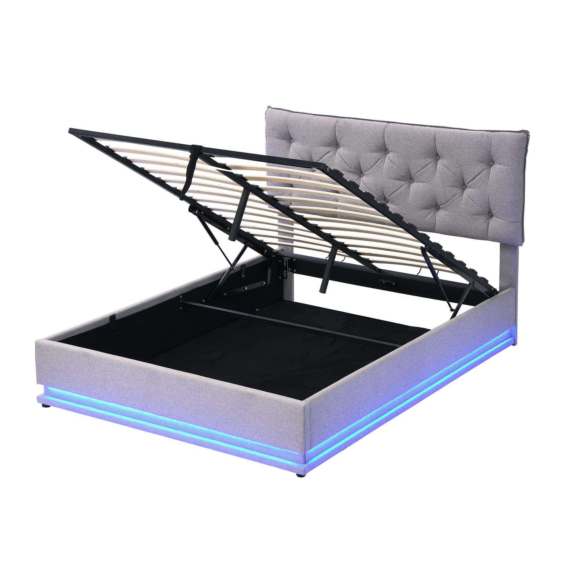 Full Size Upholstered Bed With Hydraulic Storage System And Led Light, Modern Platform Bed With Button Tufted Design Headboard, Gray Gray Linen