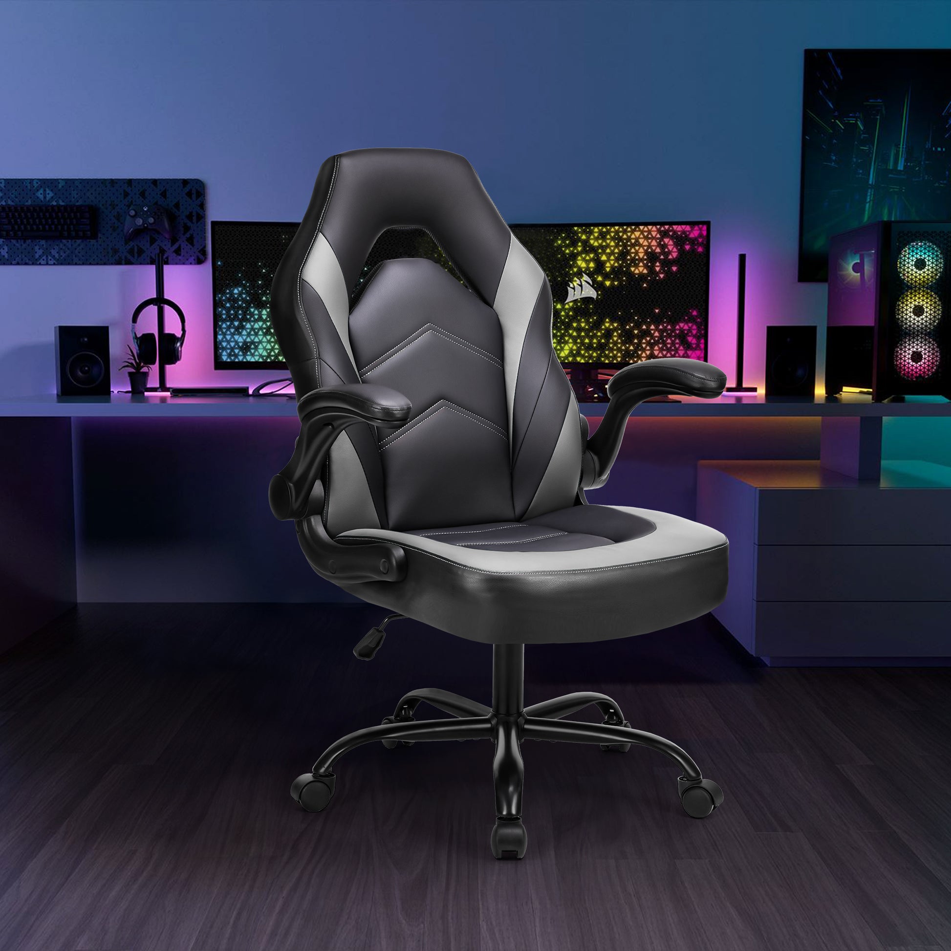 Sweetcrispy Gaming Chair Pu Leather Computer Chair Ergonomic Office Chair With Lumbar Support, Height Adjustable Rolling Desk Chairs With Flip Up Armrests Black Gray Pu