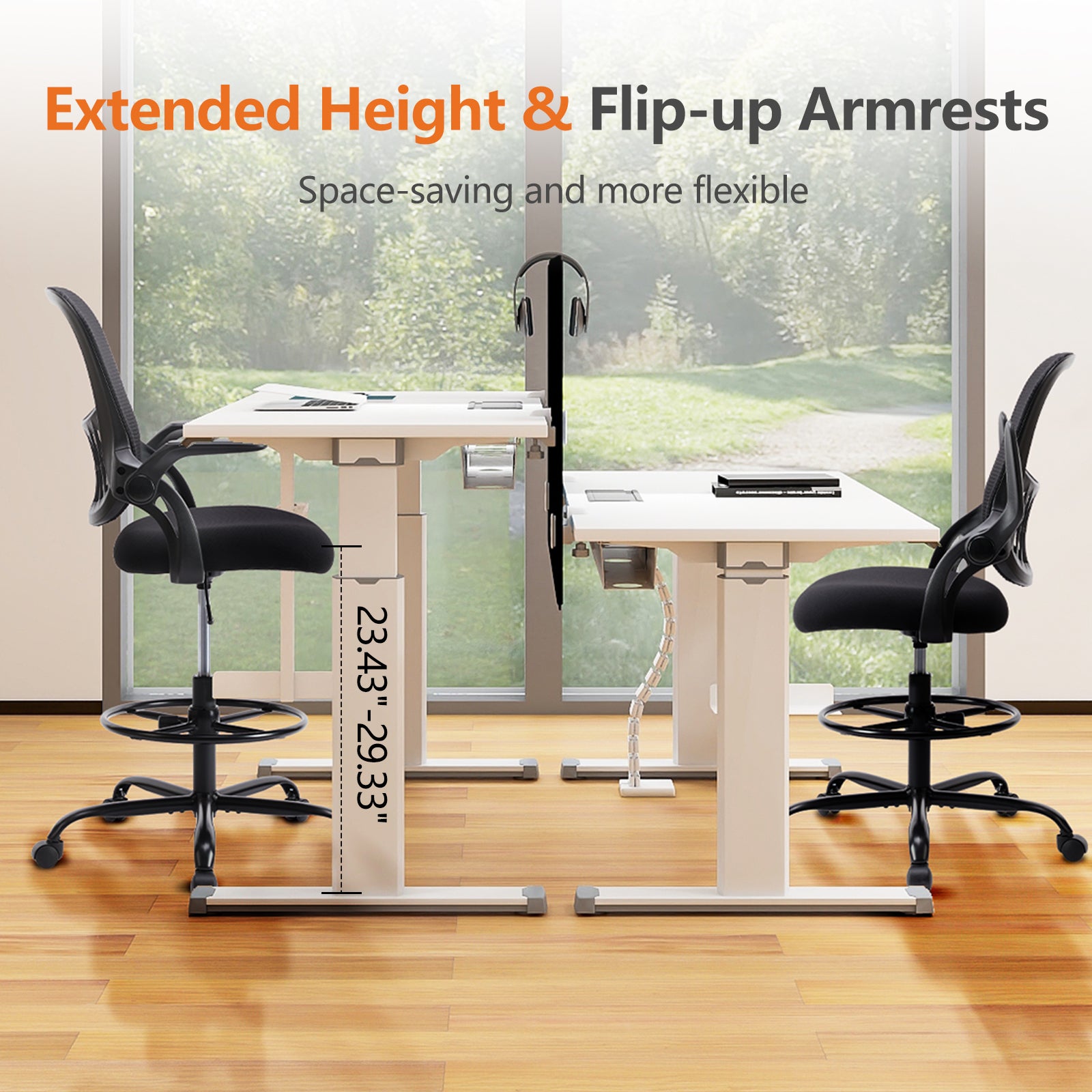 Sweetcrispy Drafting Tall Office Chair Ergonomic High Desk Chair With Flip Up Armrests Black Nylon Mesh
