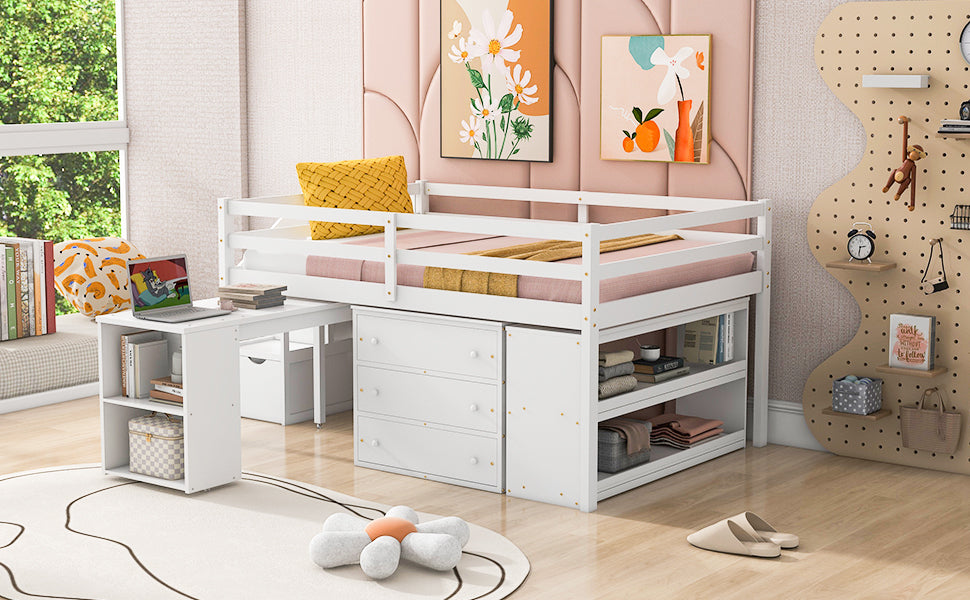 Full Size Loft Bed With Retractable Writing Desk And 3 Drawers, Wooden Loft Bed With Storage Stairs And Shelves, White White Solid Wood Mdf