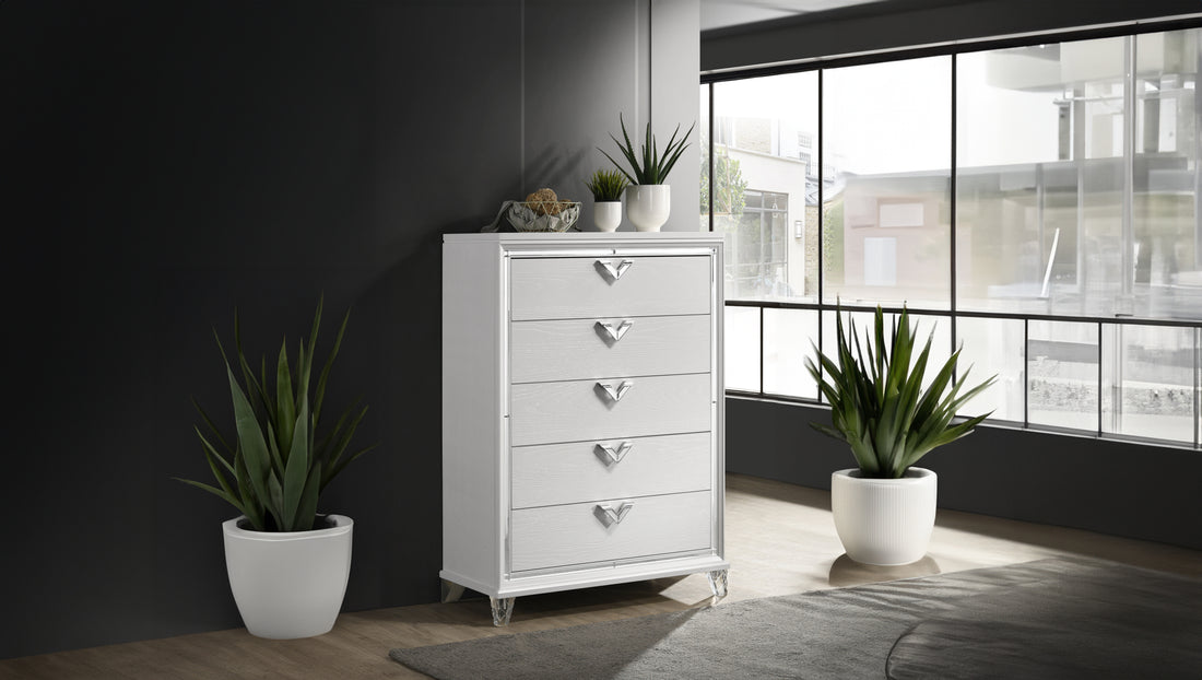 Prism Modern Style 5 Drawer Chest With Mirror Accents & V Shape Handles In White Silver Bedroom Modern Wood