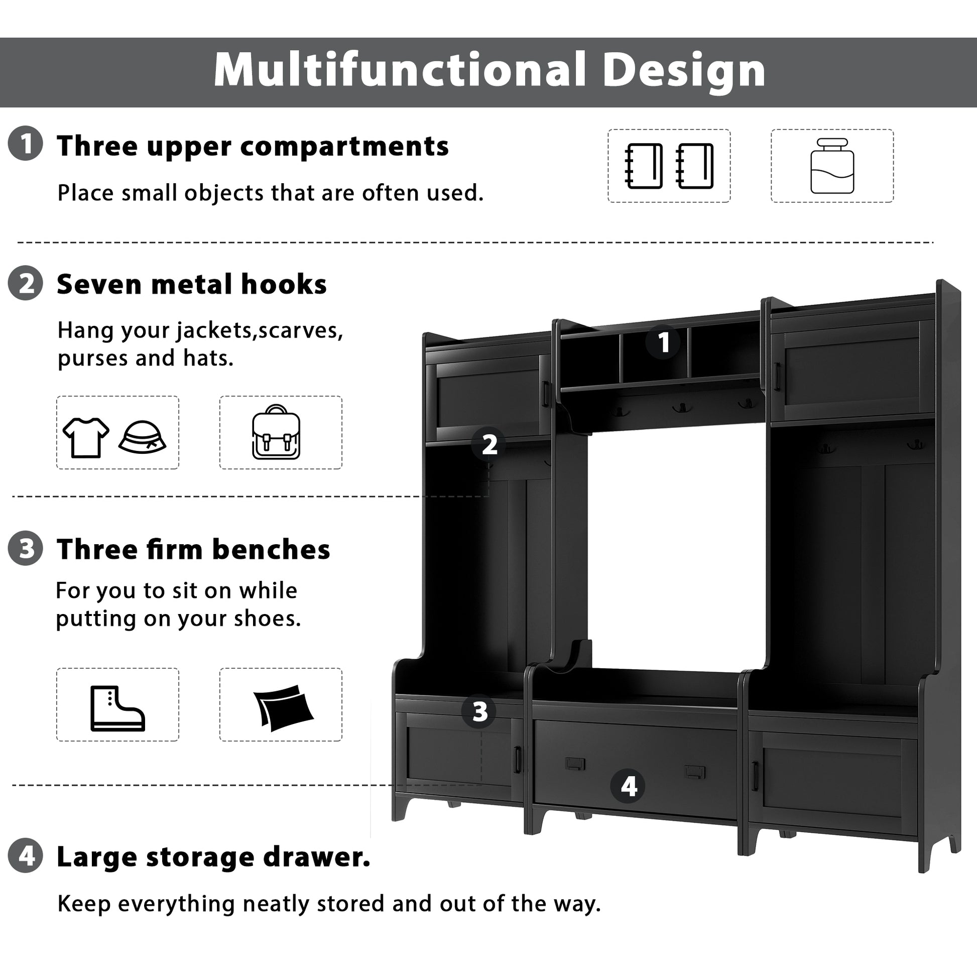 Modern Style 4 In 1 Multiple Functions Hallway Coat Rack With Seven Metal Black Hooks, Entryway Bench Hall Tree With Large Storage Drawer, Black Old Sku: Sd000006Aab Black Primary Living Space Particle Board