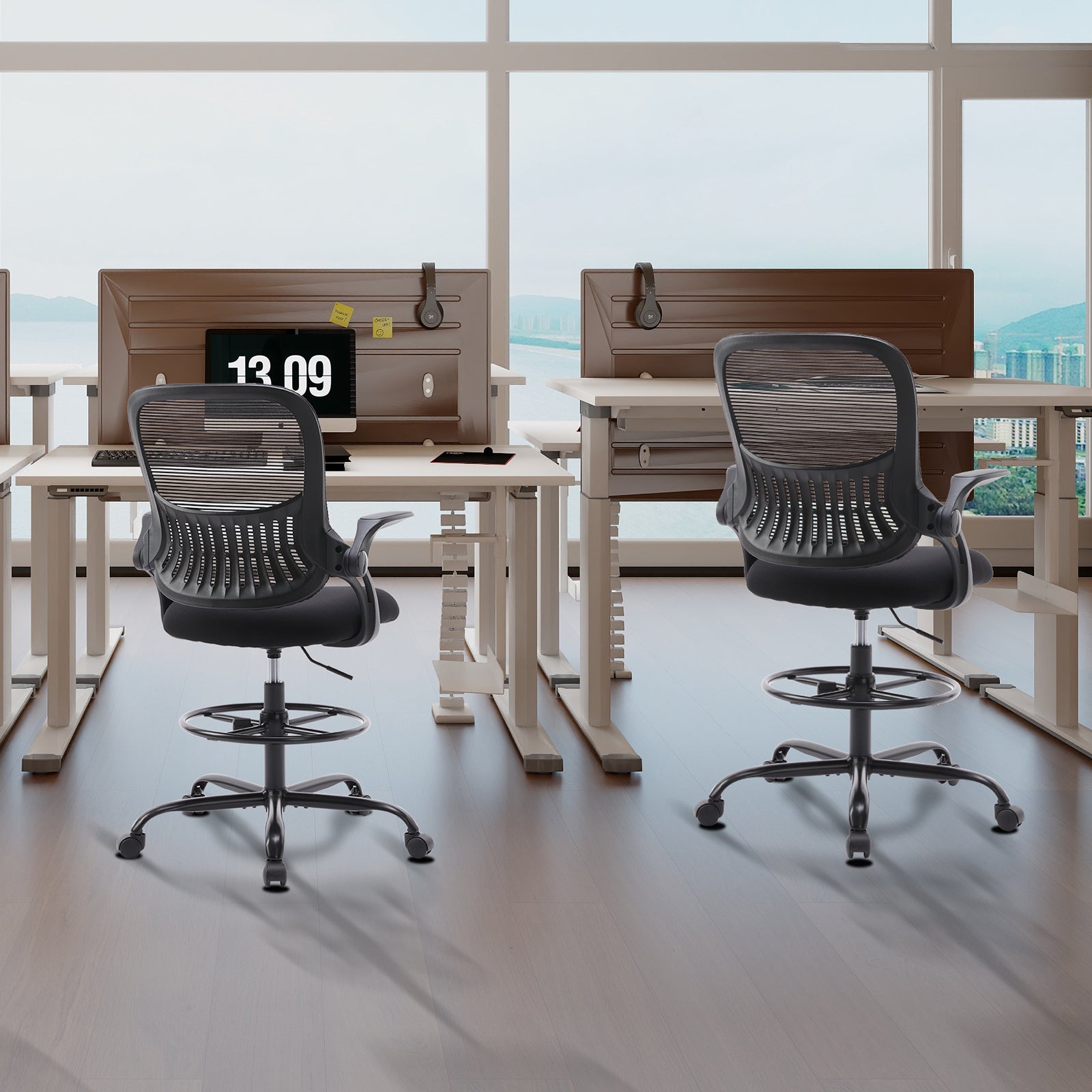 Sweetcrispy Drafting Tall Office Chair Ergonomic High Desk Chair With Flip Up Armrests Black Nylon Mesh
