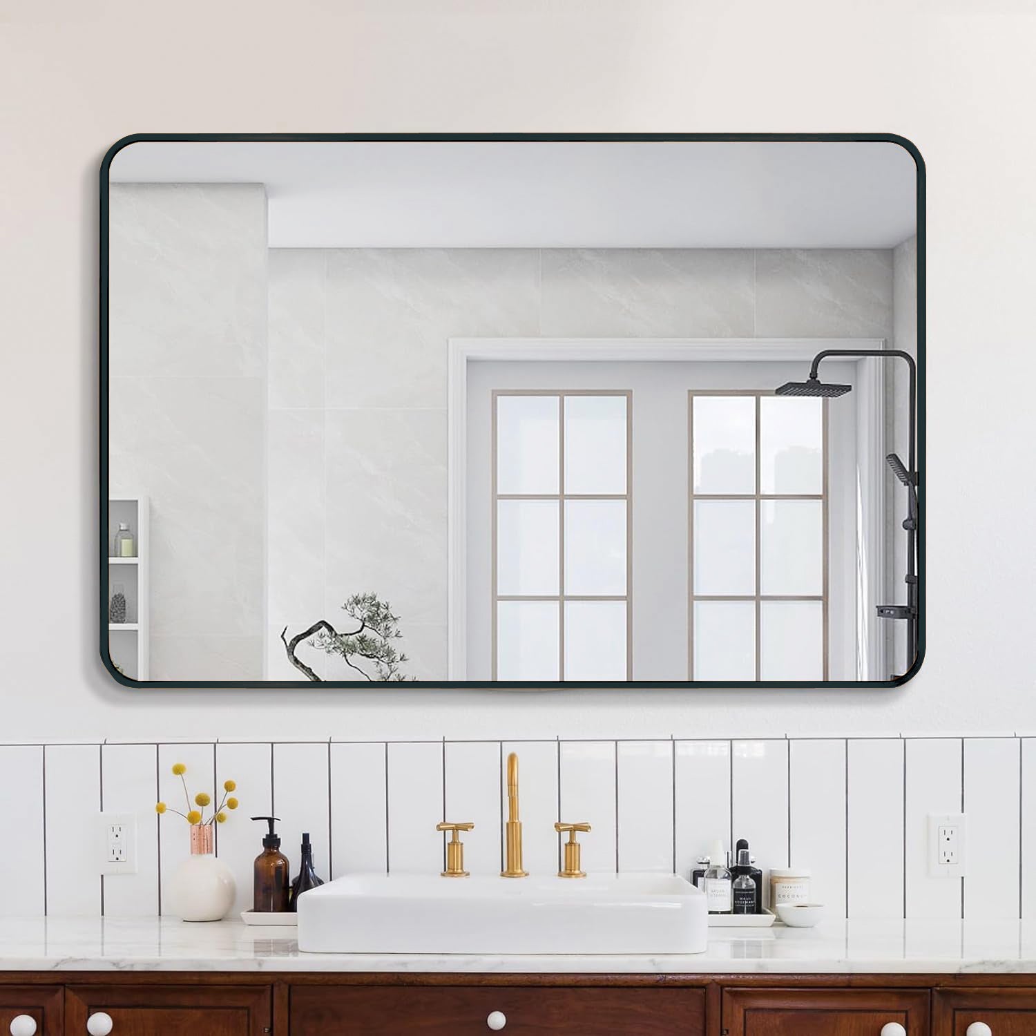 Black 30 "X40" Rectangular Bathroom Wall Mirror Black Classic Mdf Glass Aluminium Alloy