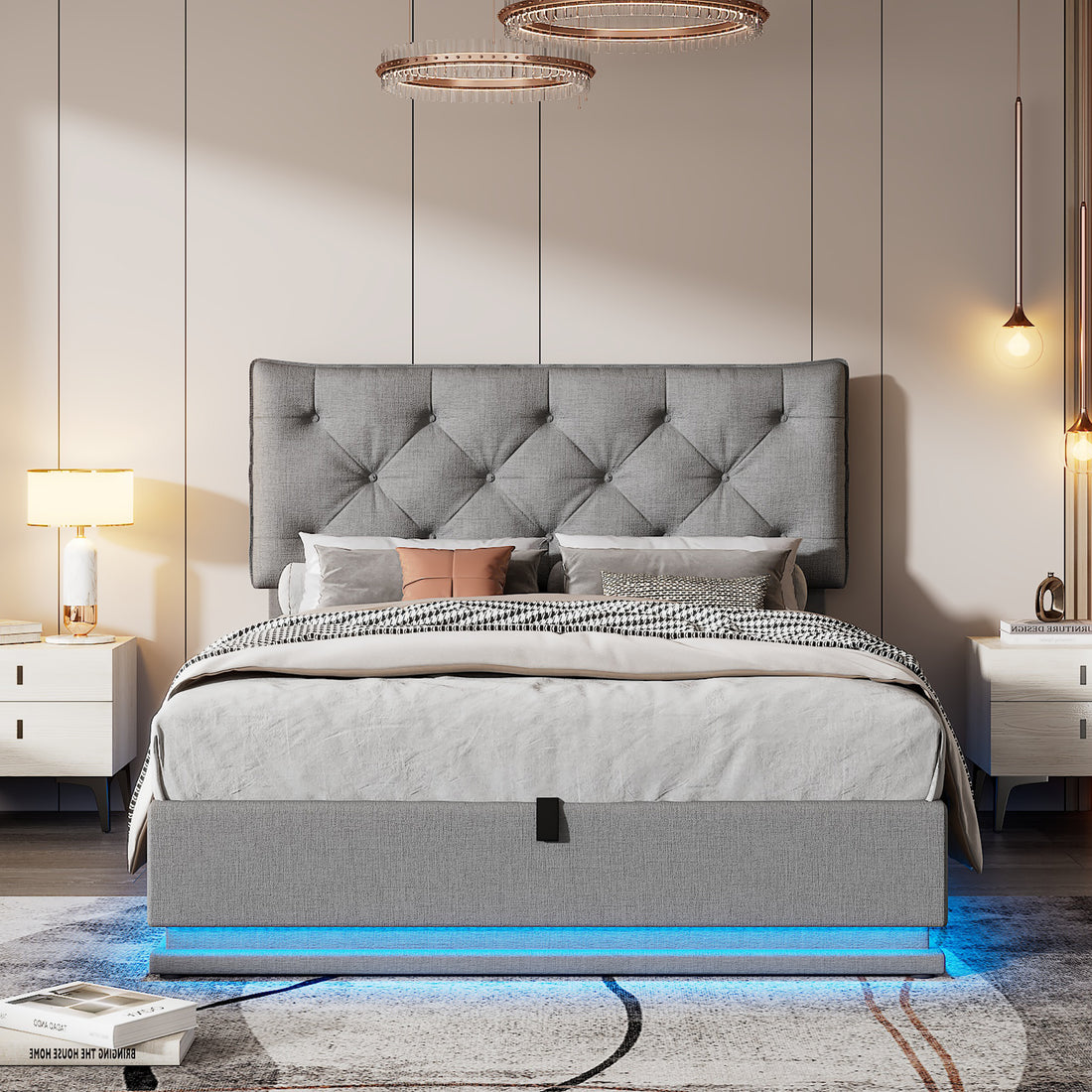 Full Size Upholstered Bed With Hydraulic Storage System And Led Light, Modern Platform Bed With Button Tufted Design Headboard, Gray Gray Linen