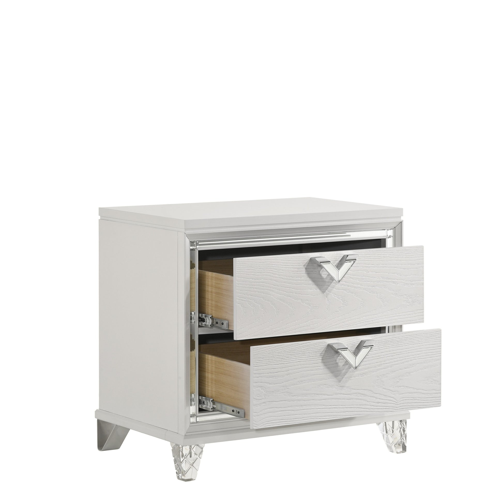 Prism Modern Style 2 Drawer Nightstand With Led Glow & V Shape Handles In White Silver 2 Drawers Bedroom Modern Wood