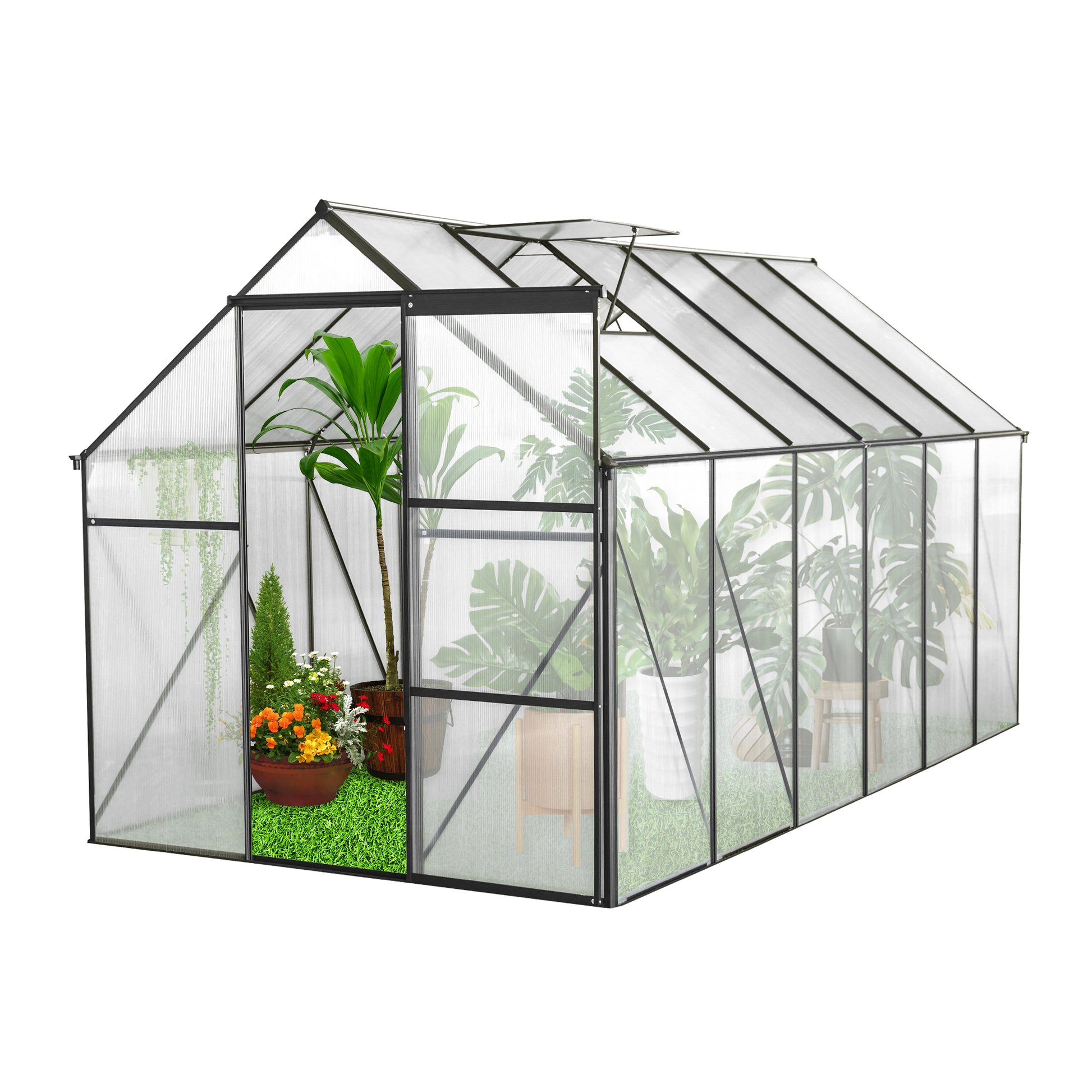 6X12 Ft Polycarbonate Greenhouse Raised Base And Anchor Aluminum Heavy Duty Walk In Greenhouses For Outdoor Backyard In All Season,Black Black Aluminium