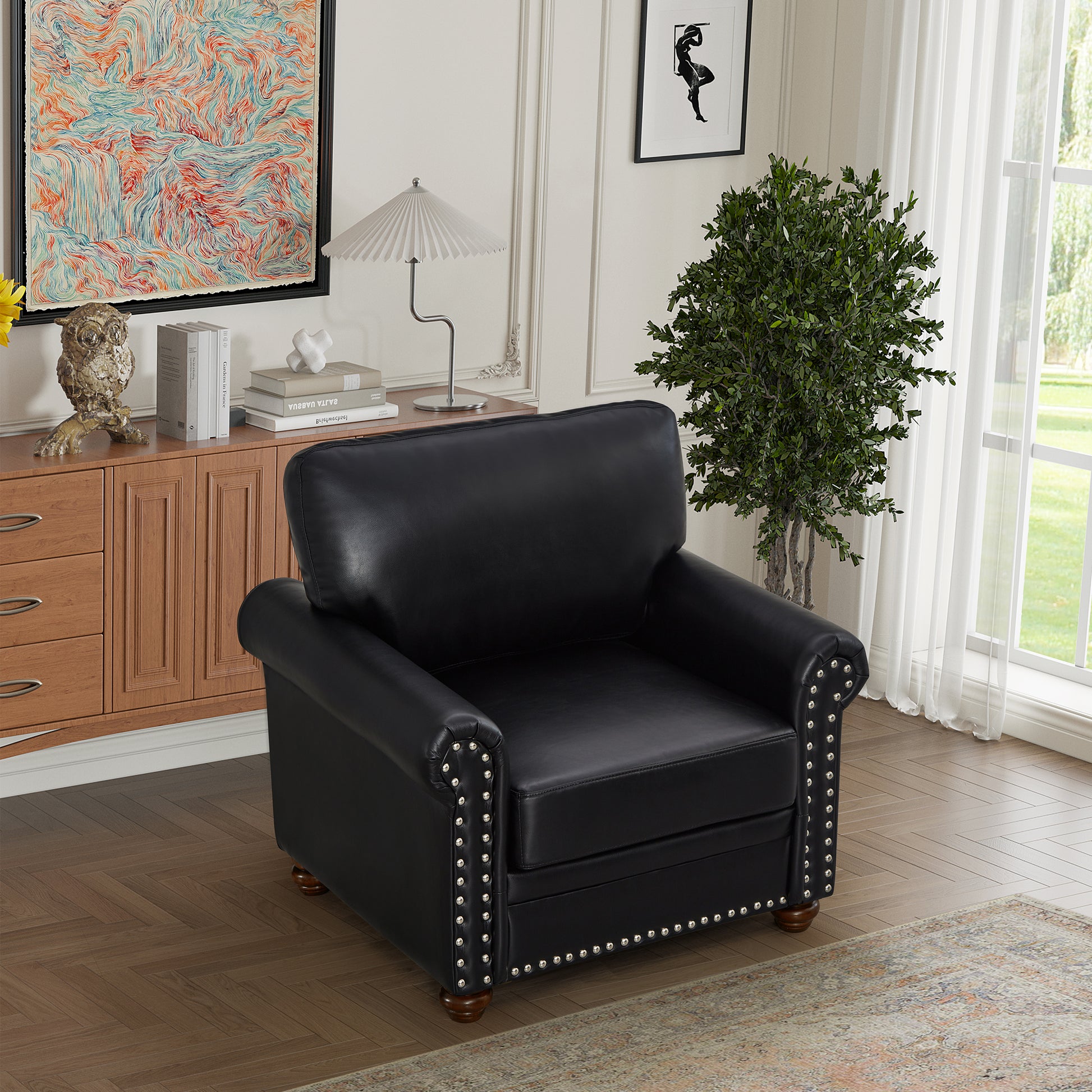 Living Room Sofa Single Seat Chair With Wood Leg Black Faux Leather Black Foam Pu Leather