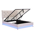 Full Size Upholstered Bed With Hydraulic Storage System And Led Light, Modern Platform Bed With Button Tufted Design Headboard, Beige Beige Linen