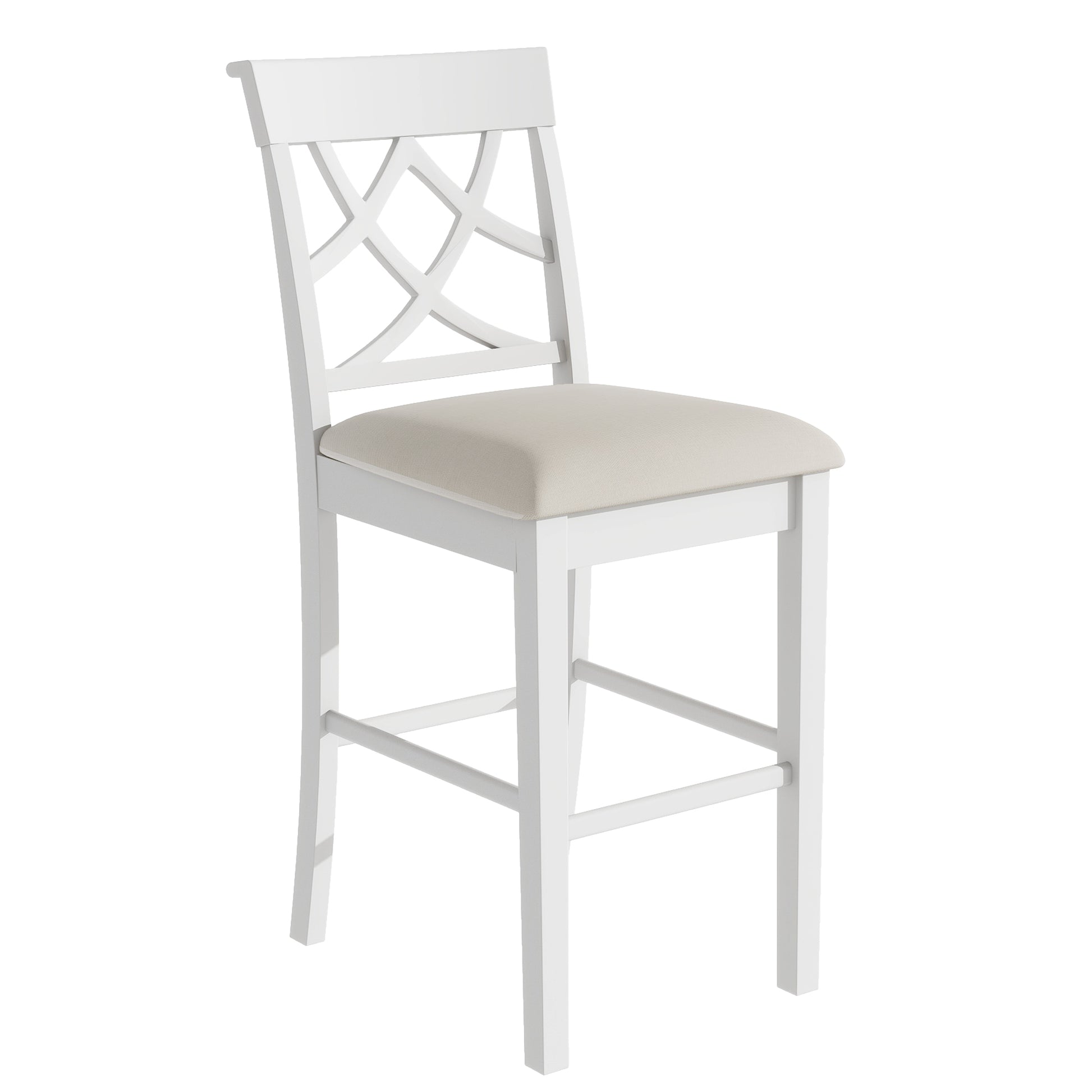 Updated Counter Height 5 Piece Solid Wood Dining Table Set, 59*35.4Inch Table With Curved Wine Rack And 4 Upholstered Chairs, White Wood Dining Room Solid Wood Rubberwood Rectangular Dining Table With Chair Wood Wood White Solid Back Seats 4 Farmhouse 4