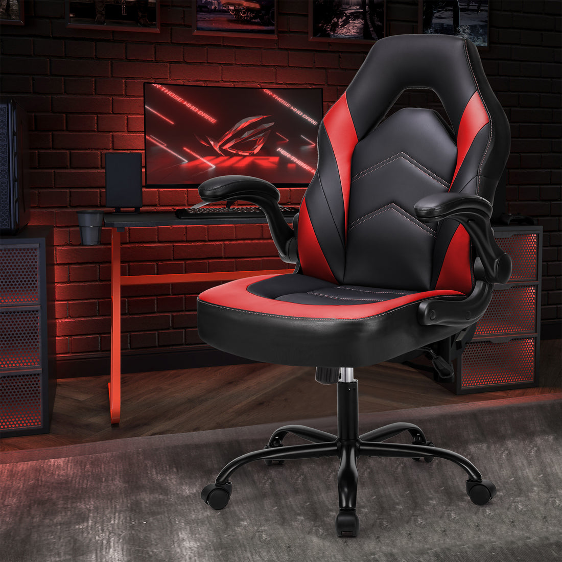 Sweetcrispy Gaming Chair Pu Leather Computer Chair Ergonomic Office Chair With Lumbar Support, Height Adjustable Rolling Desk Chairs With Flip Up Armrests Black Red Pu