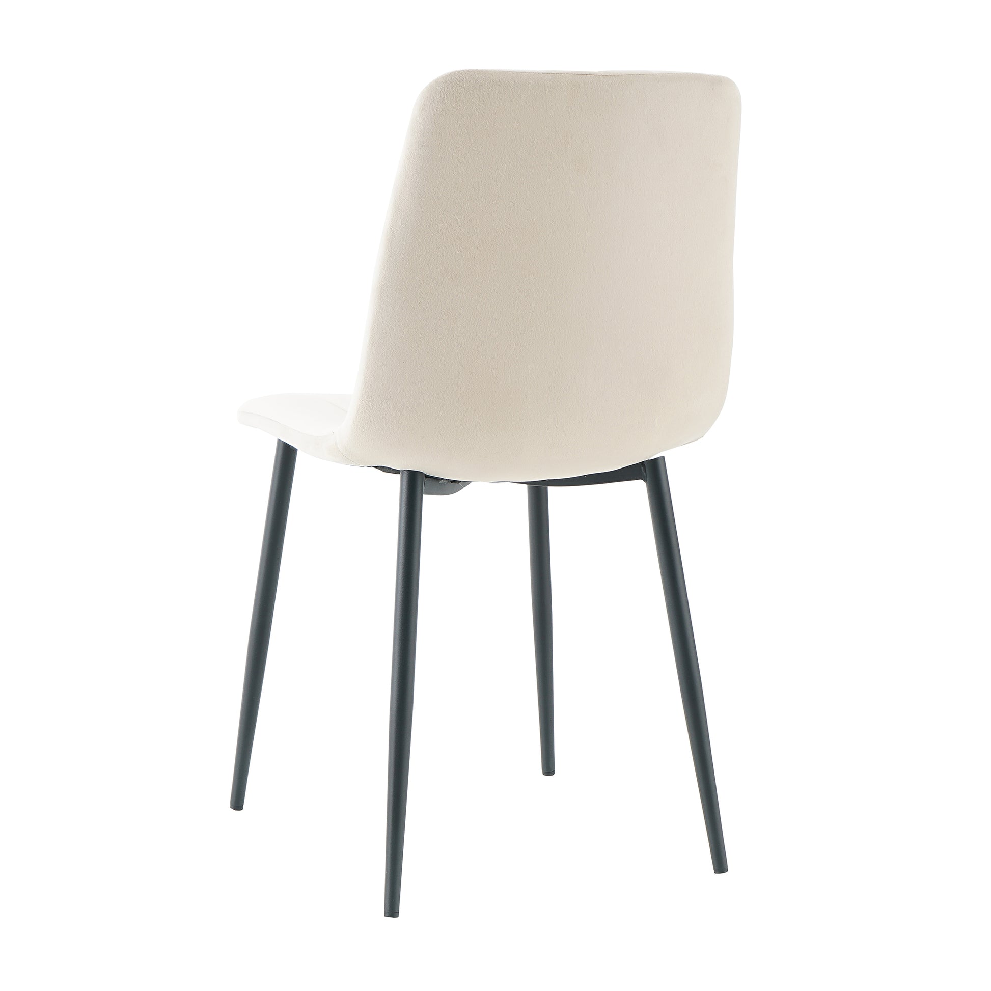 Table And Chair Set, One Table And Four Chairs. Clear Tempered Glass Table Top, 0.3 Feet Thick, Black Wrought Iron Legs. Black Spray Paint Chair Legs. Upholstered Chair Glass Cream White Metal