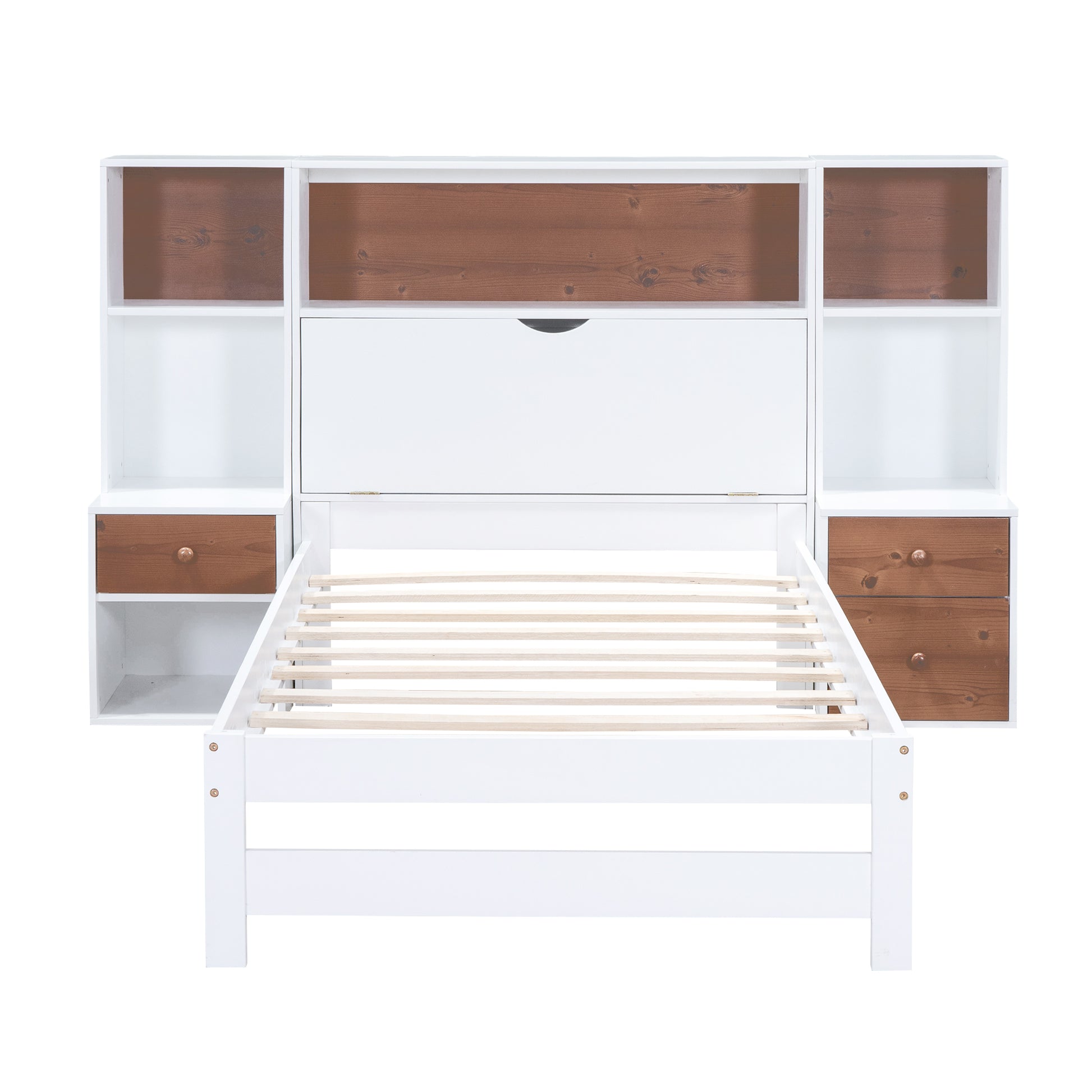 Twin Size Platform Bed With Storage Headboard And Drawers, White Twin Box Spring Not Required White Wood Bedroom Solid Wood Mdf