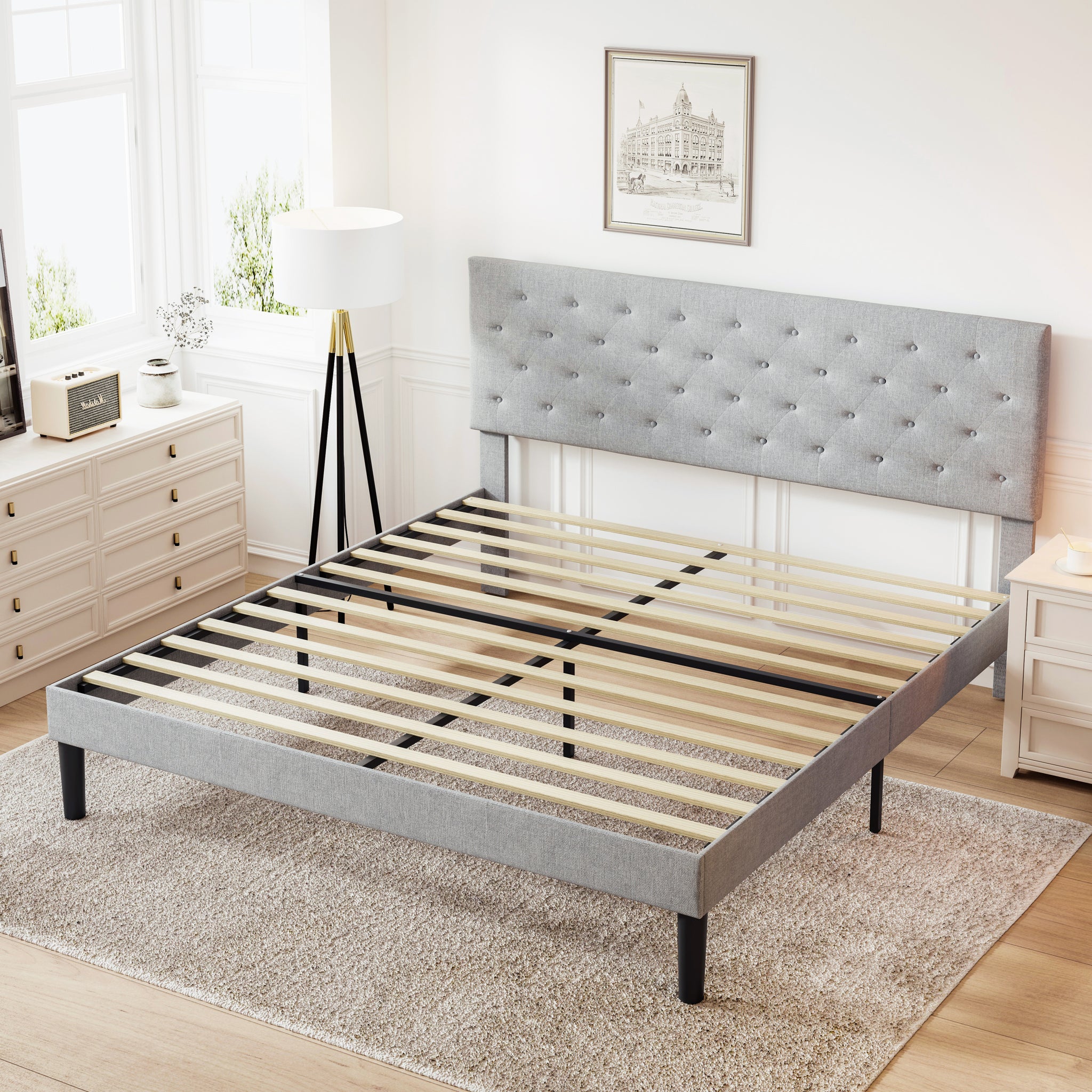 Simple Queen Size Grey Bed Frame, Adjustable Headboard Box Spring Not Required Queen Light Grey Iron Light Brown Bedroom Modern Bed Frame Polyester Iron