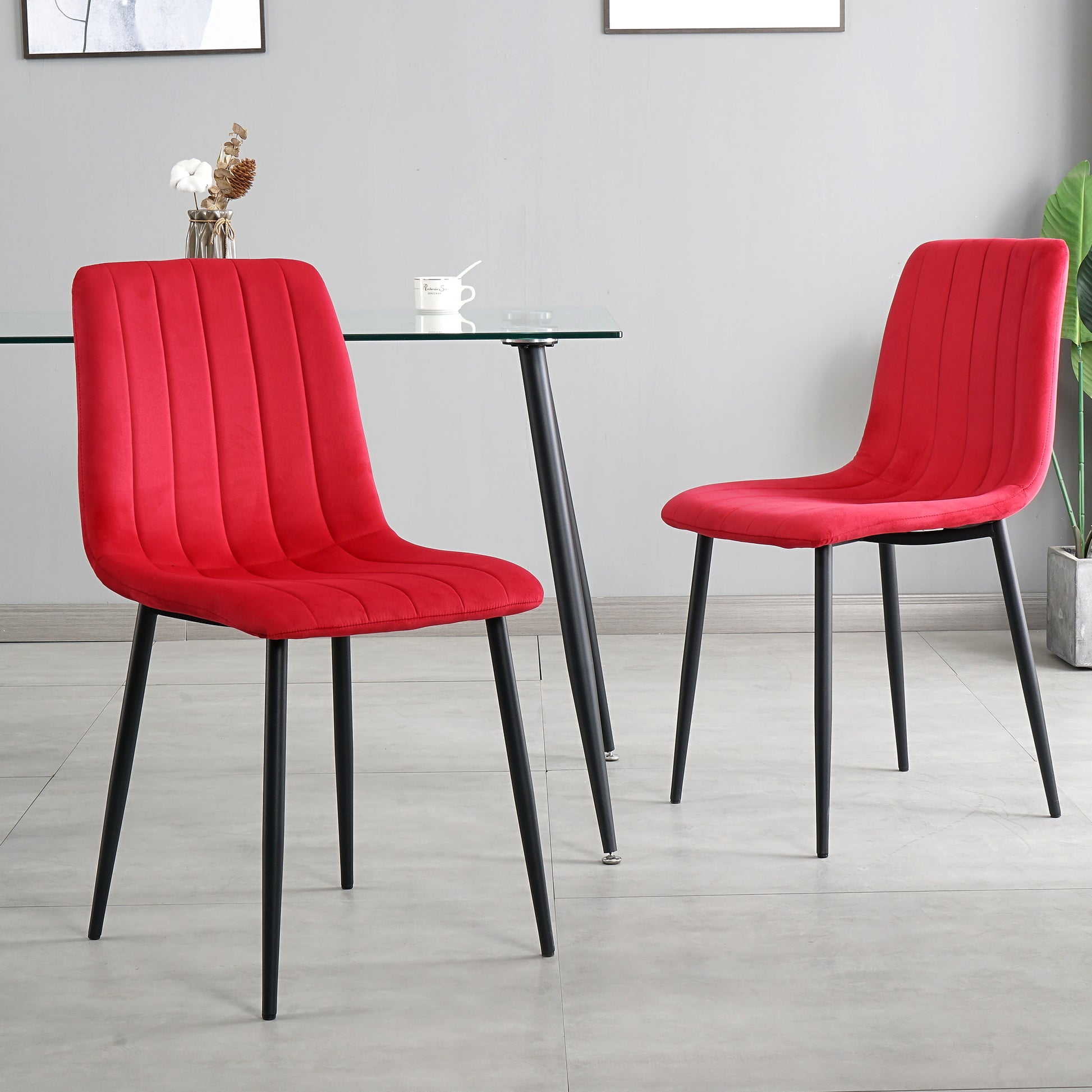 Table And Chair Set, One Table And Four Chairs. Clear Tempered Glass Table Top, 0.3 Feet Thick, Black Wrought Iron Legs. Black Spray Paint Chair Legs. Upholstered Chair Glass Red Metal Rectangular