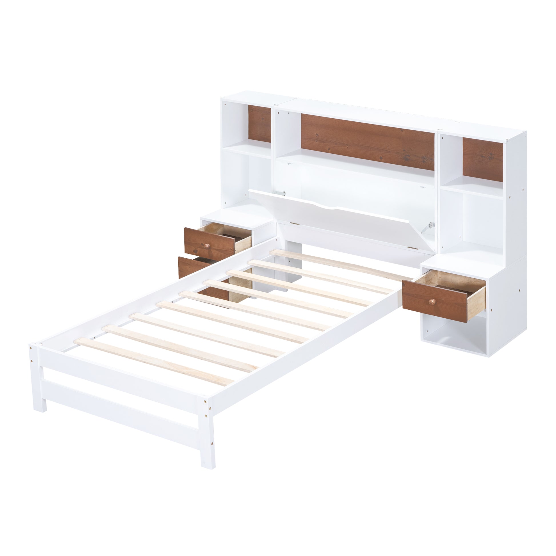 Twin Size Platform Bed With Storage Headboard And Drawers, White Twin Box Spring Not Required White Wood Bedroom Solid Wood Mdf