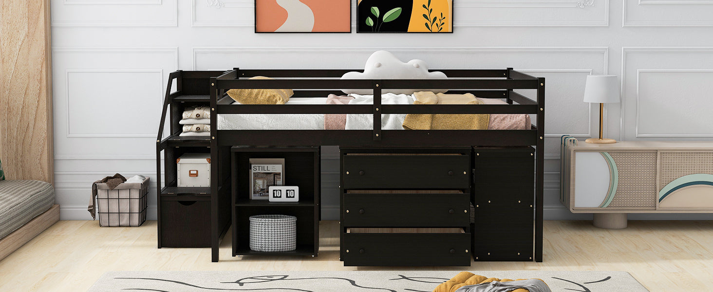 Full Size Loft Bed With Retractable Writing Desk And 3 Drawers, Wooden Loft Bed With Storage Stairs And Shelves, Espresso Espresso Solid Wood Mdf