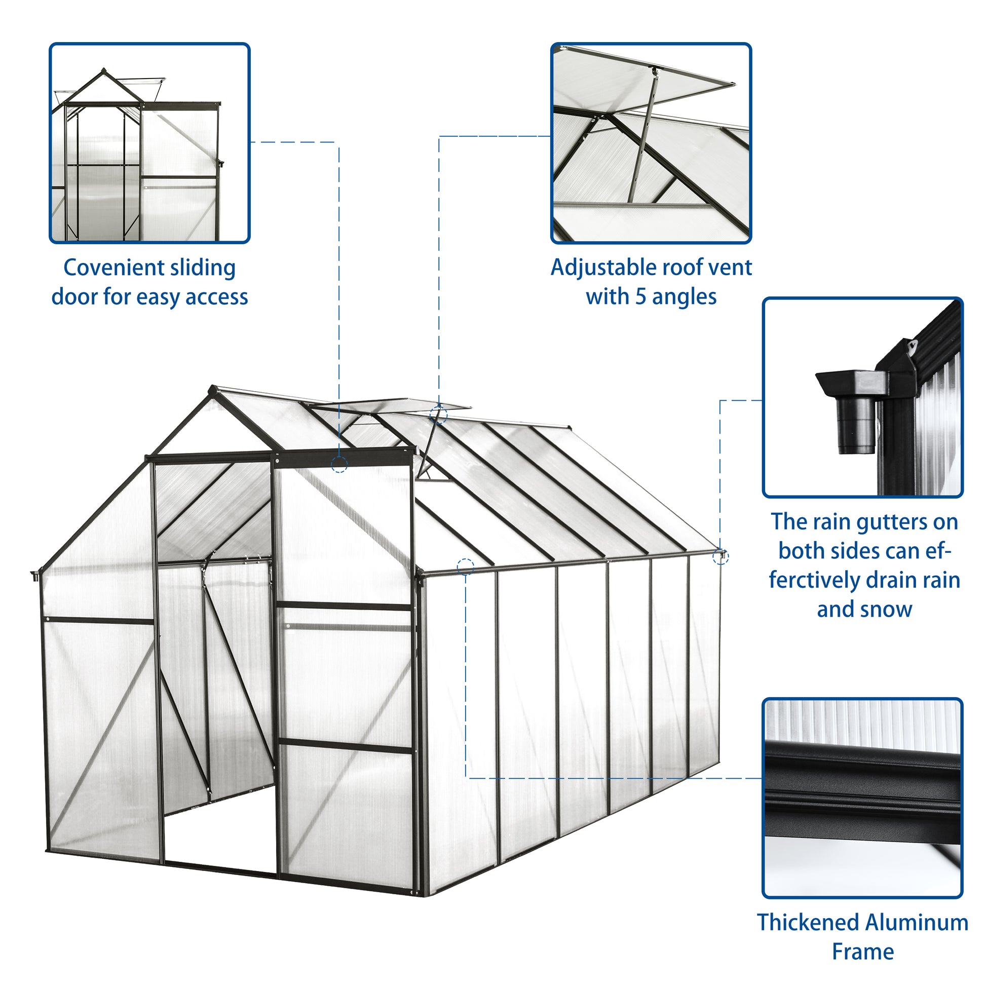 6X12 Ft Polycarbonate Greenhouse Raised Base And Anchor Aluminum Heavy Duty Walk In Greenhouses For Outdoor Backyard In All Season,Black Black Aluminium