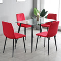 Table And Chair Set, One Table And Four Chairs. Clear Tempered Glass Table Top, 0.3 Feet Thick, Black Wrought Iron Legs. Black Spray Paint Chair Legs. Upholstered Chair Glass Red Metal Rectangular