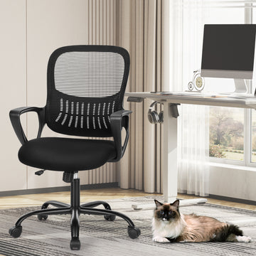 Sweetcrispy Ergonomic Office Chair Home Desk Mesh Chair With Fixed Armrest Executive Computer Chair With Soft Foam Seat Cushion Black Nylon Mesh