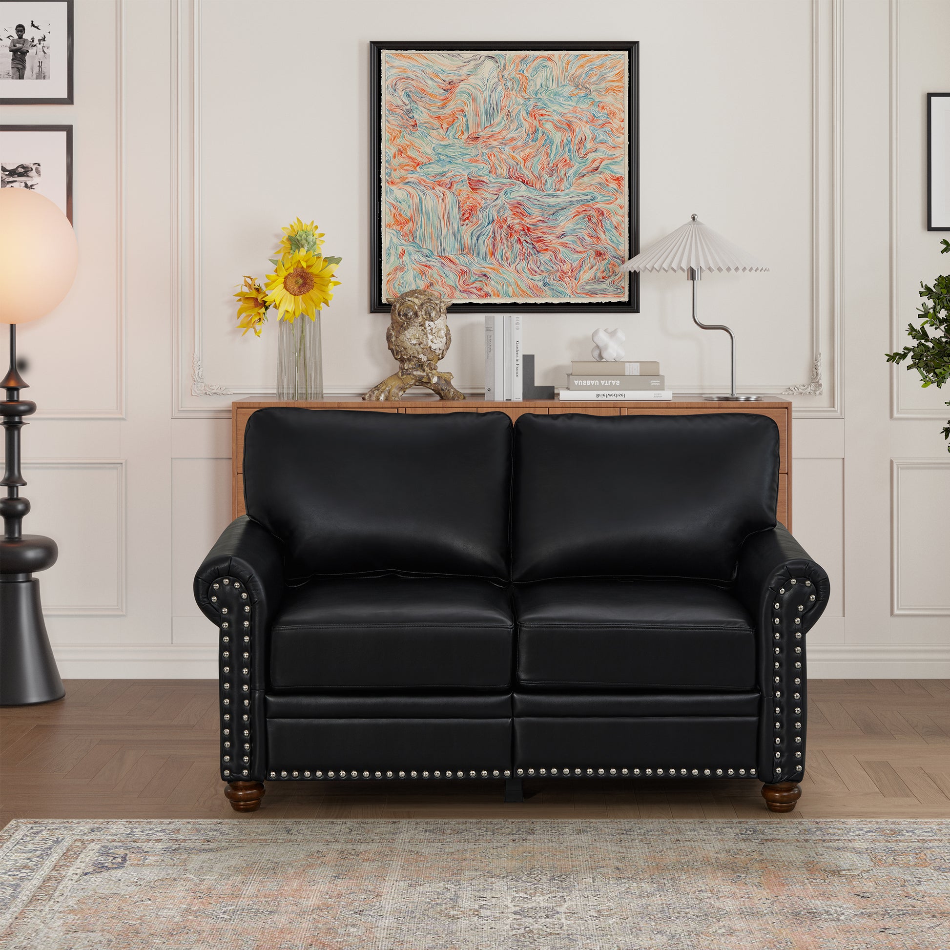 Living Room Sofa Loveseat Black Faux Leather Black Foam Pu Leather