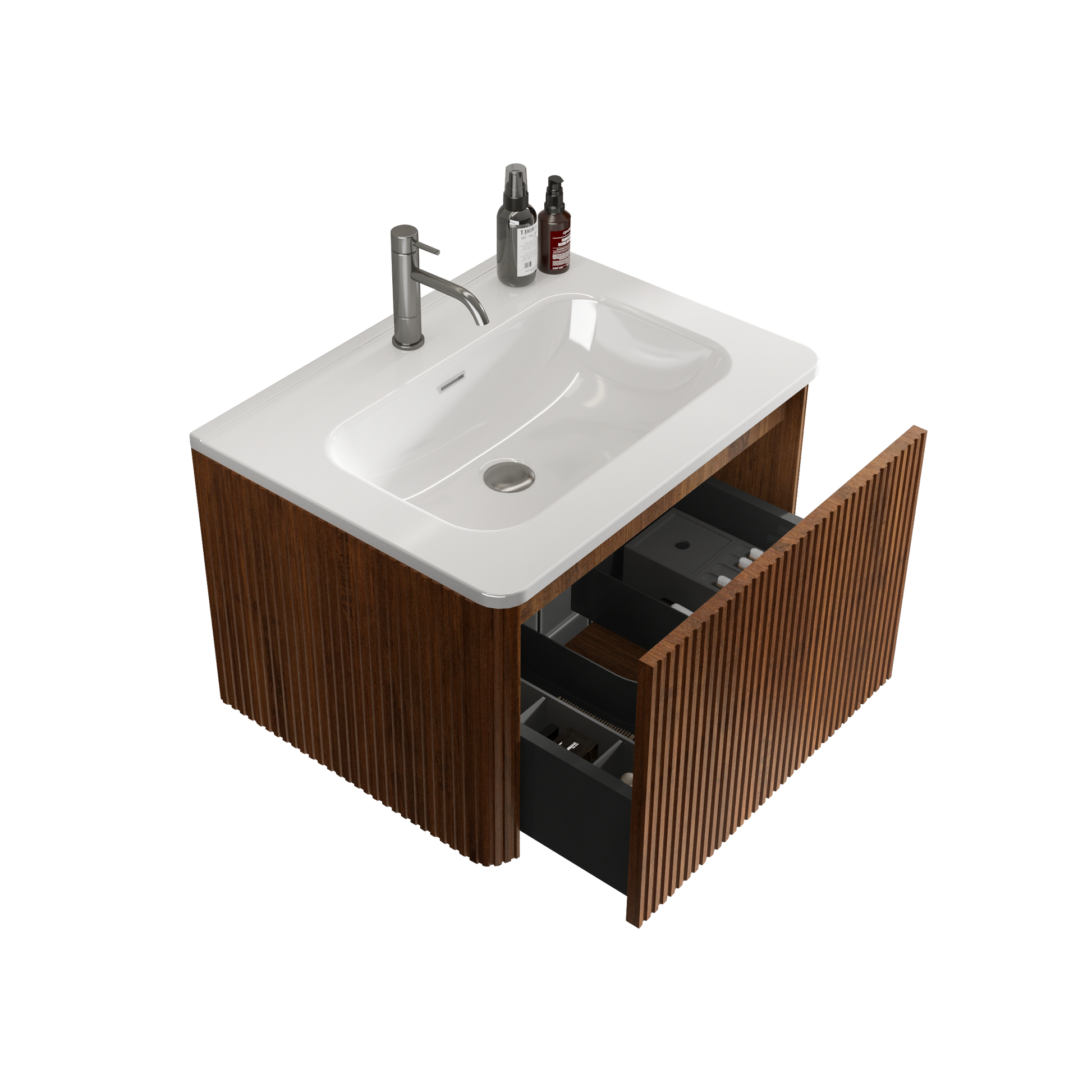 U046 Etna24W 305 Etna 24" Striped Walnut Bathroom Vanity With White Ceramic Sink, Wall Mounted Floating Bathroom Vanity For Modern Bathroom, Pre Assembled White Walnut Melamine