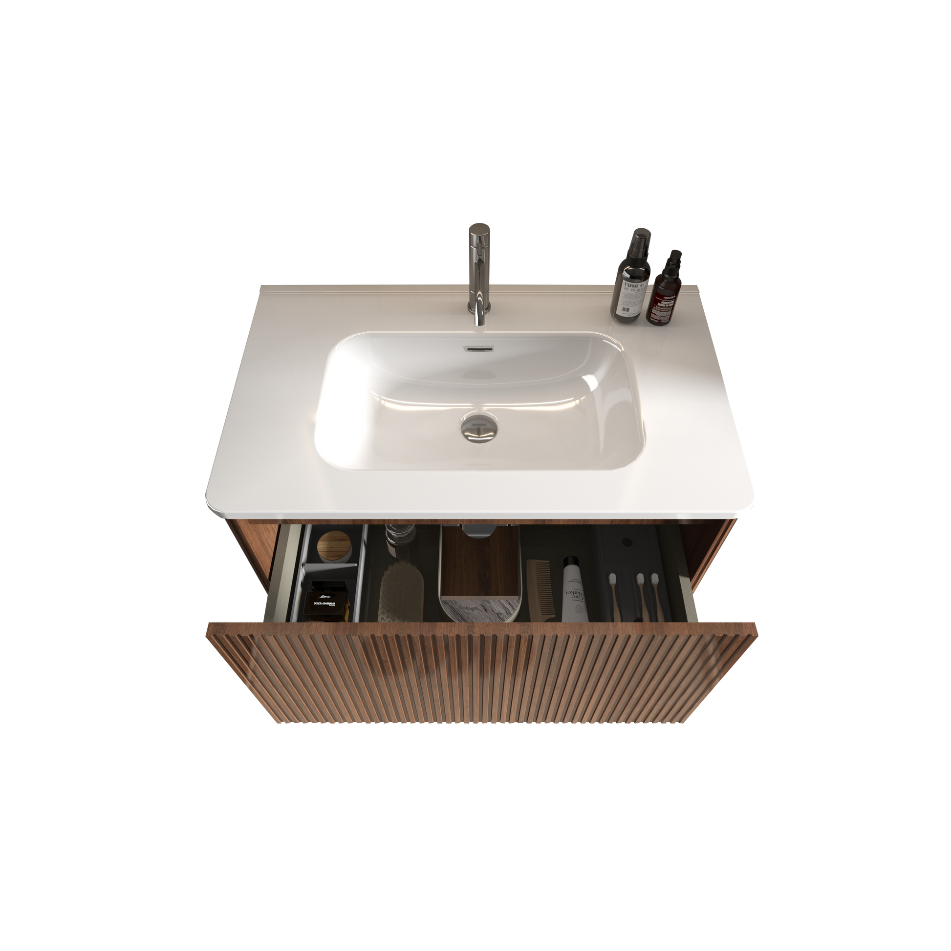 U047 Etna30W 305 Etna 30" Striped Walnut Bathroom Vanity With White Ceramic Sink, Wall Mounted Floating Bathroom Vanity For Modern Bathroom, Pre Assembled White Walnut Melamine