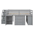 Full Size Loft Bed With Retractable Writing Desk And 3 Drawers, Wooden Loft Bed With Storage Stairs And Shelves, Gray Gray Solid Wood Mdf