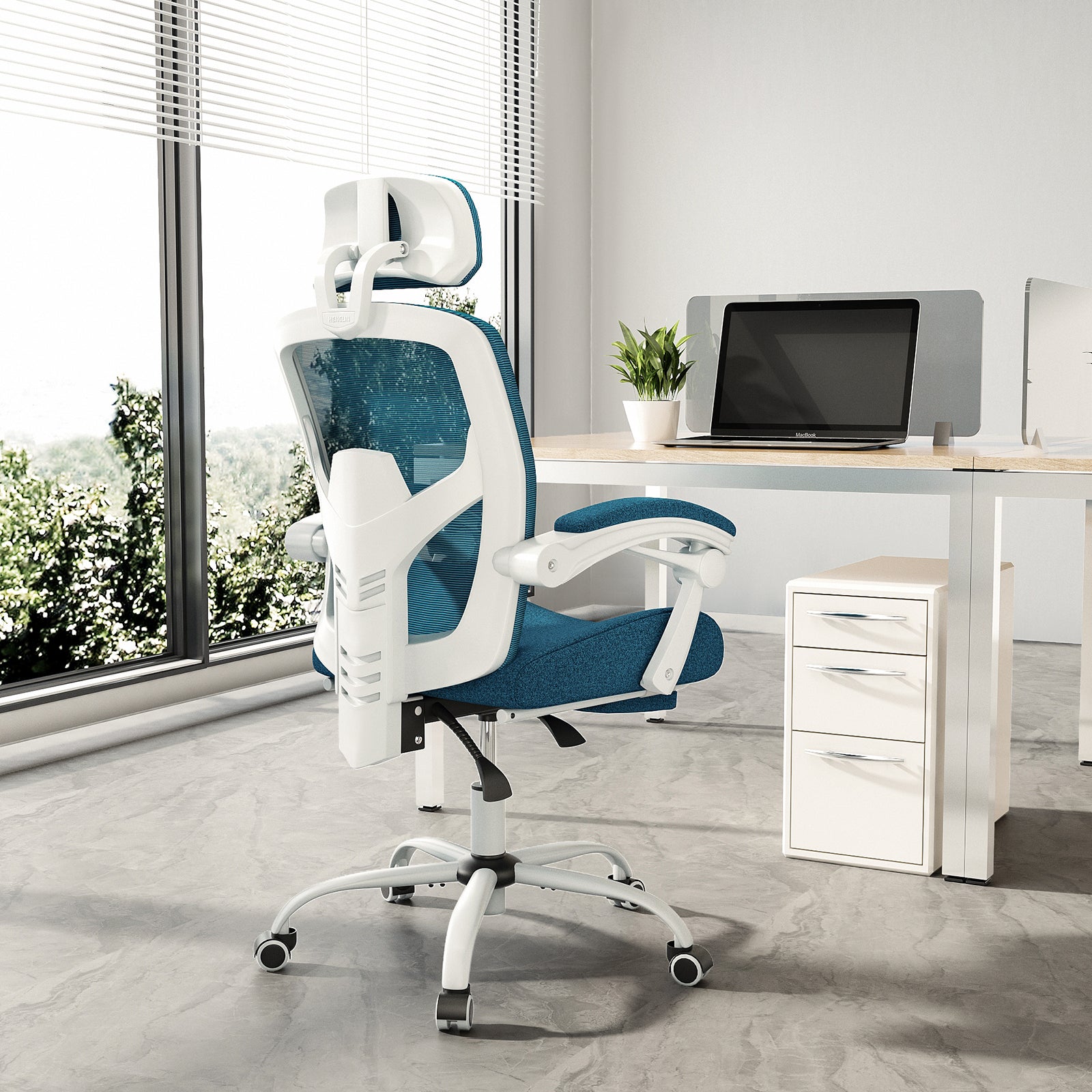 Sweetcrispy Mesh High Back Ergonomic Office Chair Lumbar Support Pillow Computer Desk Chair Blue Nylon Mesh