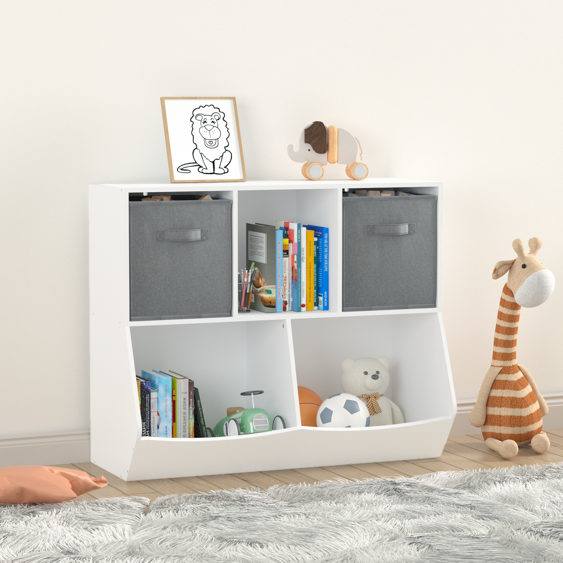 Kids Bookcase With Collapsible Fabric Drawers, Children'S Toy Storage Cabinet For Playroom, Bedroom, Nursery, School, White Gray White Gray Mdf