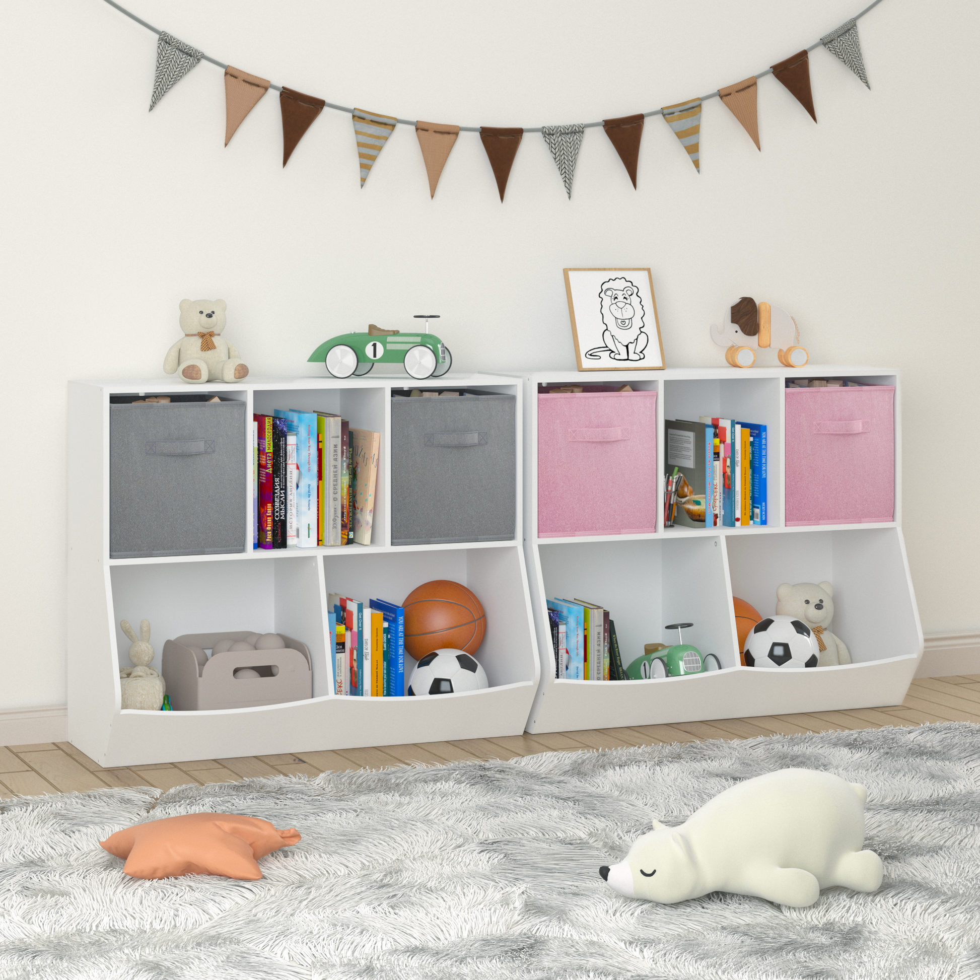 Kids Bookcase With Collapsible Fabric Drawers, Children'S Toy Storage Cabinet For Playroom, Bedroom, Nursery, School, White Pink White Pink Mdf