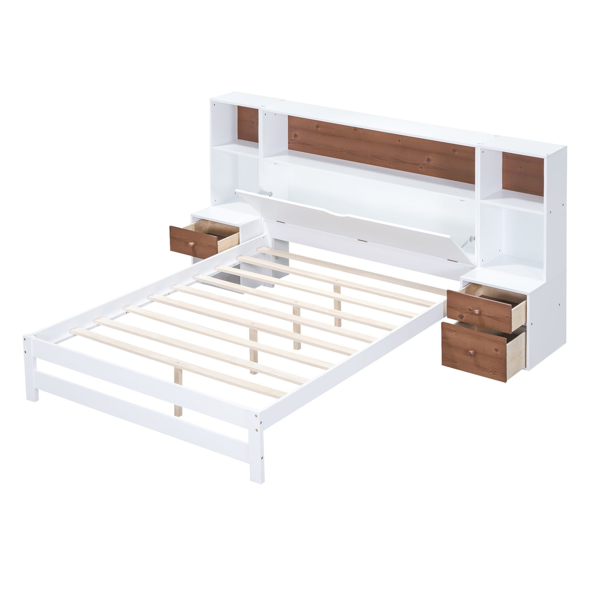 Full Size Platform Bed With Storage Headboard And Drawers, White Full Box Spring Not Required White Wood Bedroom Solid Wood Mdf