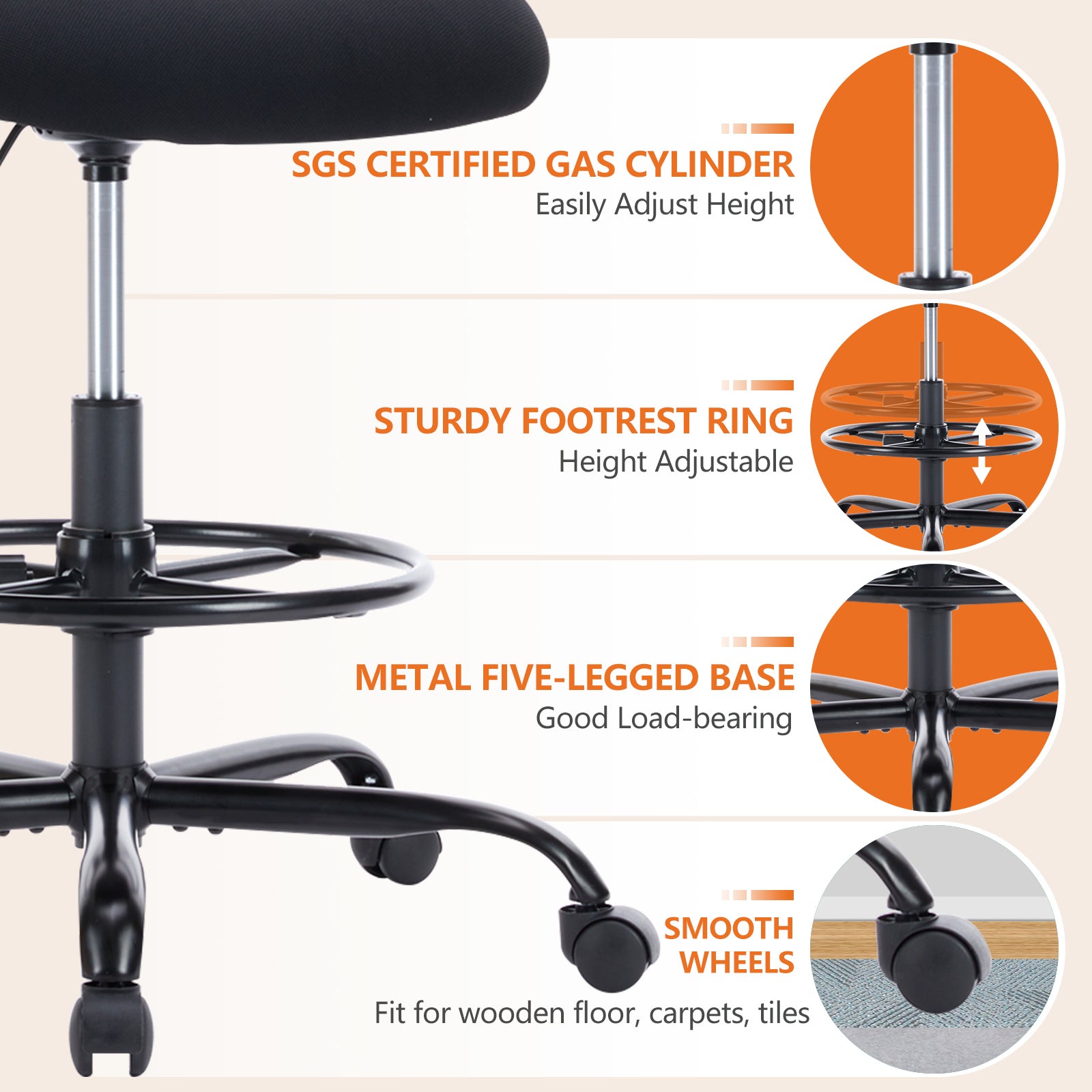 Sweetcrispy Ergonomic Drafting Chair Tall Standing Desk Office Chair Black Nylon Mesh