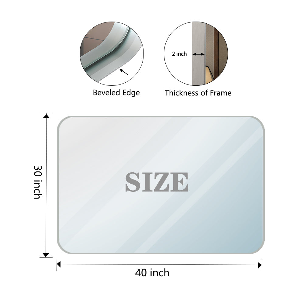 40X30Inch Brushed Silver Rounded Corner Rectangle Bathroom Mirror For Wall Metal Frame Wall Mounted Bathroom Mirror Vanity Bathroom Mirror Horizontal & Vertical Silver Classic,Modern Aluminium Alloy