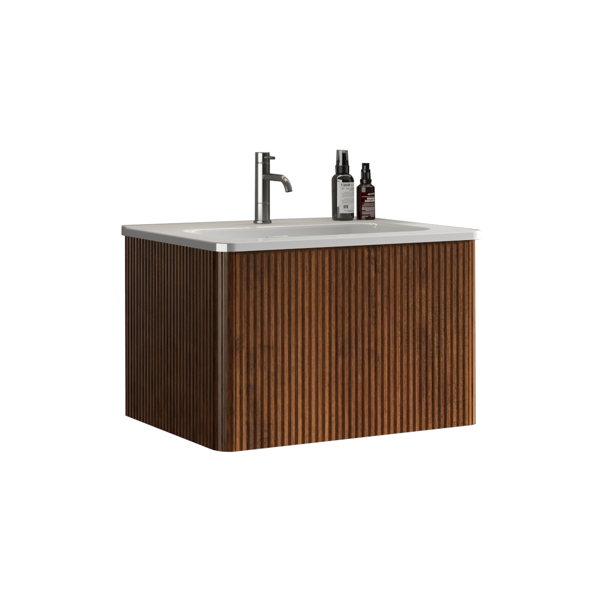 U046 Etna24W 305 Etna 24" Striped Walnut Bathroom Vanity With White Ceramic Sink, Wall Mounted Floating Bathroom Vanity For Modern Bathroom, Pre Assembled White Walnut Melamine