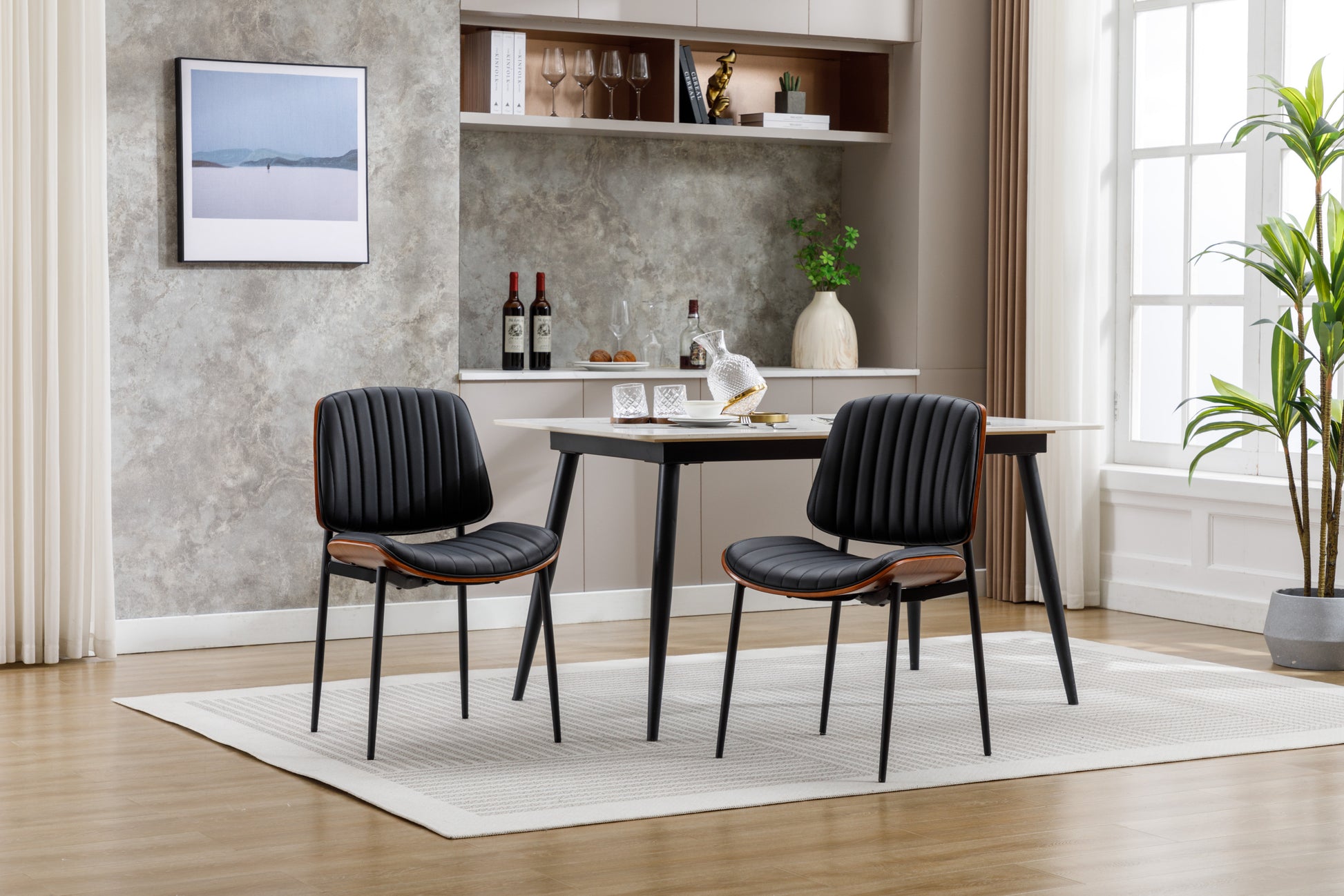 Yijian Dining Chairs Set Of 2 Mid Century Modern Retro Faux Leather Chair With Bentwood Upholstered Seat Metal Legs Adjustable Foot For Kitchen Dining Room Chairs Black Black Metal & Wood