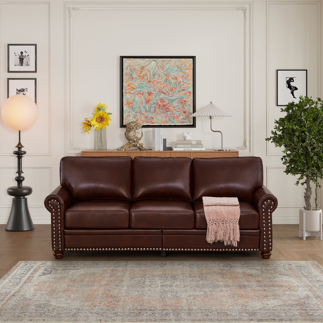 Classic Living Room Nails Sofa Burdy Faux Leather Burgundy Foam Pu Leather 3 Seat