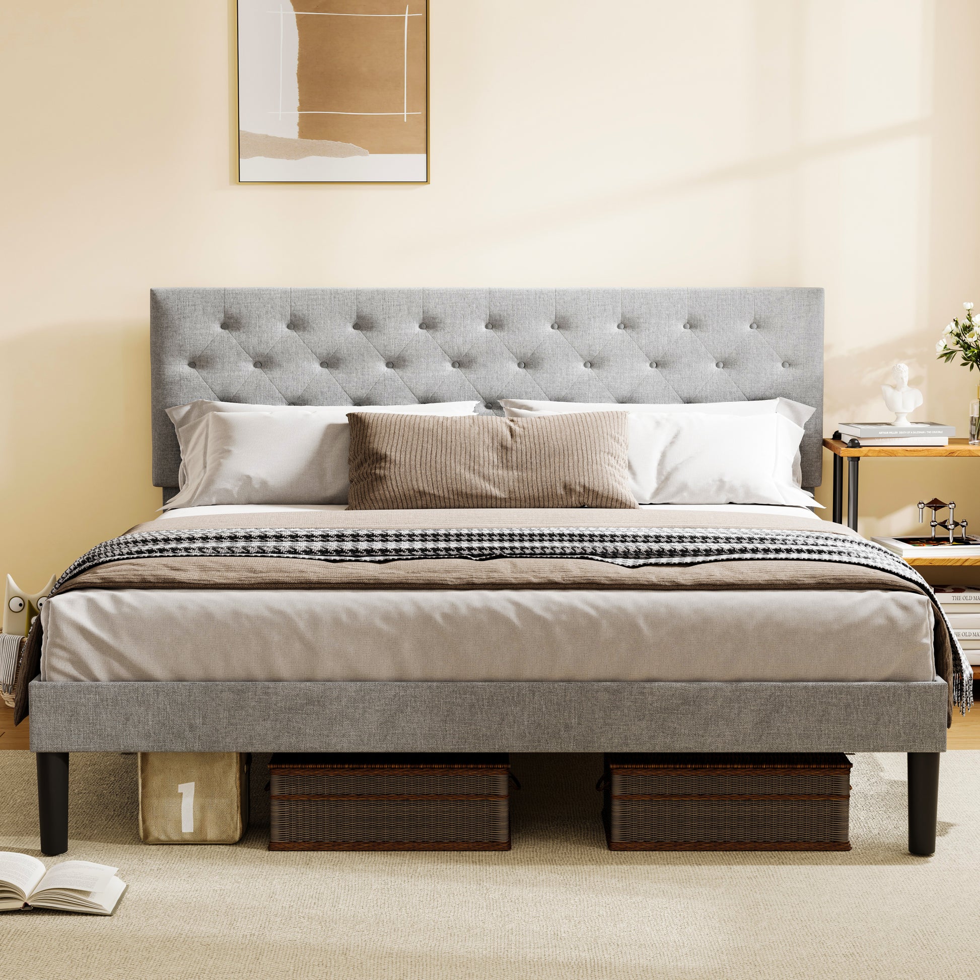 Simple King Size Grey Bed Frame, Adjustable Headboard Box Spring Not Required King Light Grey Iron Light Brown Bedroom Modern Bed Frame Polyester Iron