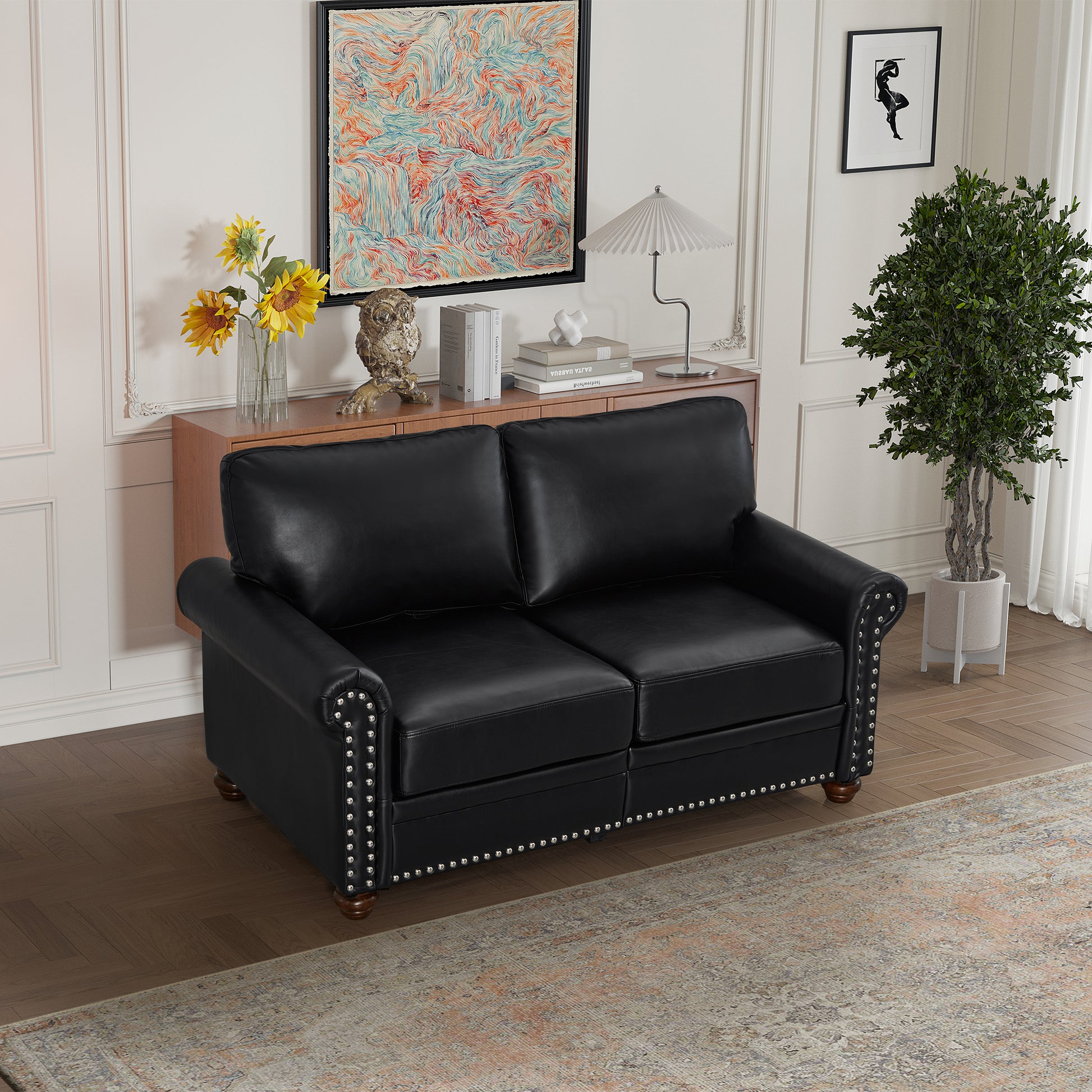 Living Room Sofa Loveseat Black Faux Leather Black Foam Pu Leather