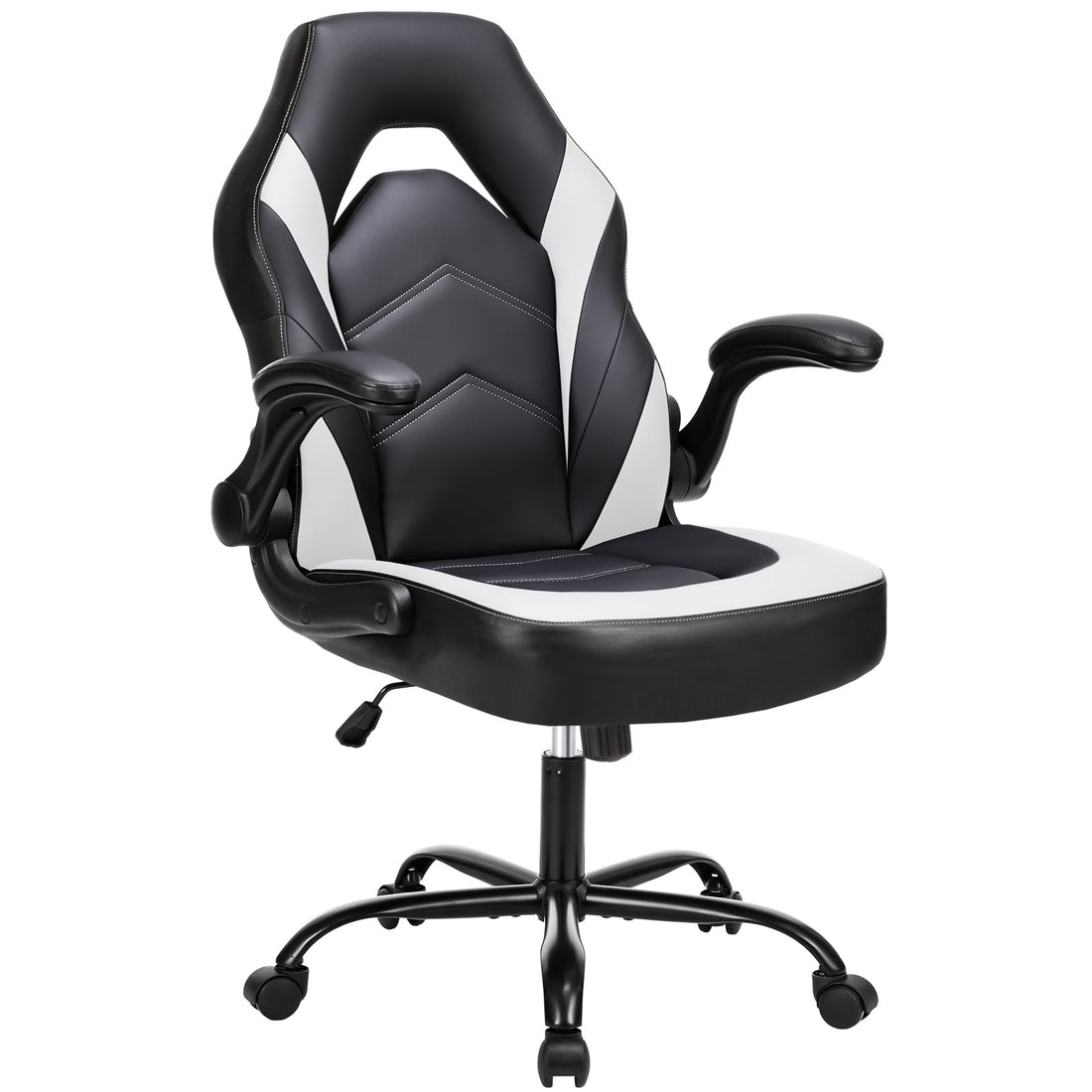 Sweetcrispy Gaming Chair Pu Leather Computer Chair Ergonomic Office Chair With Lumbar Support, Height Adjustable Rolling Desk Chairs With Flip Up Armrests Black White Pu